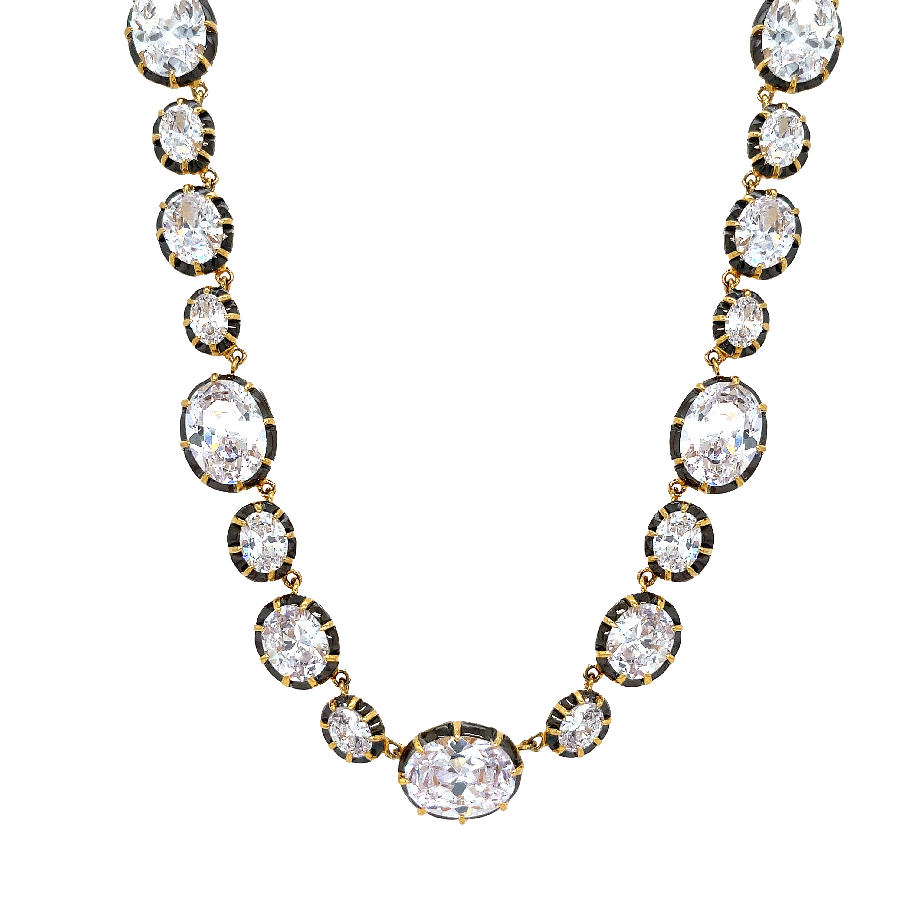 <p>Multi CZ Oval Stone Necklace</p> <ul> <li>Yellow Gold & Oxidized Plating Over Silver</li> <li>17-20" Adjustable Length</li> <li>Large Stones: 0.50" Long X 0.65" Wide</li> <li>Medium Stones: 0.4" Long X 0.50" Wide</li> <li>Small Stones: 0.35" Long X 0.42" Wide</li> <li>X-Small Stones: 0.29" Long X 0.37 Wide</li> </ul>