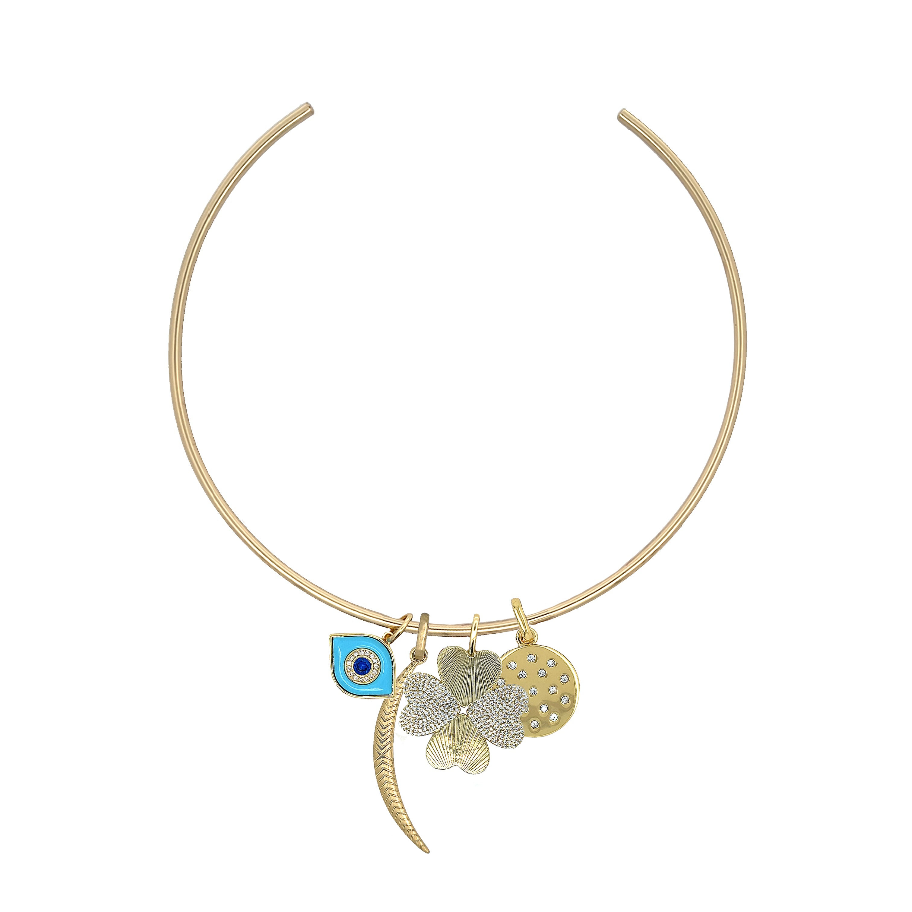 Rounded Thin Choker Adjustable Necklace With Charms
Add a fun twist to your jewelry collection with our Thin Choker Charm Necklace. Featuring a customizable choker design and versatile charms, this unique piece is perfect for any occasion. You'll love the playful and unique touch it adds to any outfit.
14K Yellow Gold Plated
Moon Charm: 2.0" Long X 0.18" Wide
Eye Charm: 0.77" Long X 0.54" Wide
Clover Charm: 1.12" Wide
CZ Disc Charm: 0.80" Wide
11" Around the neck
2.55MM Thick