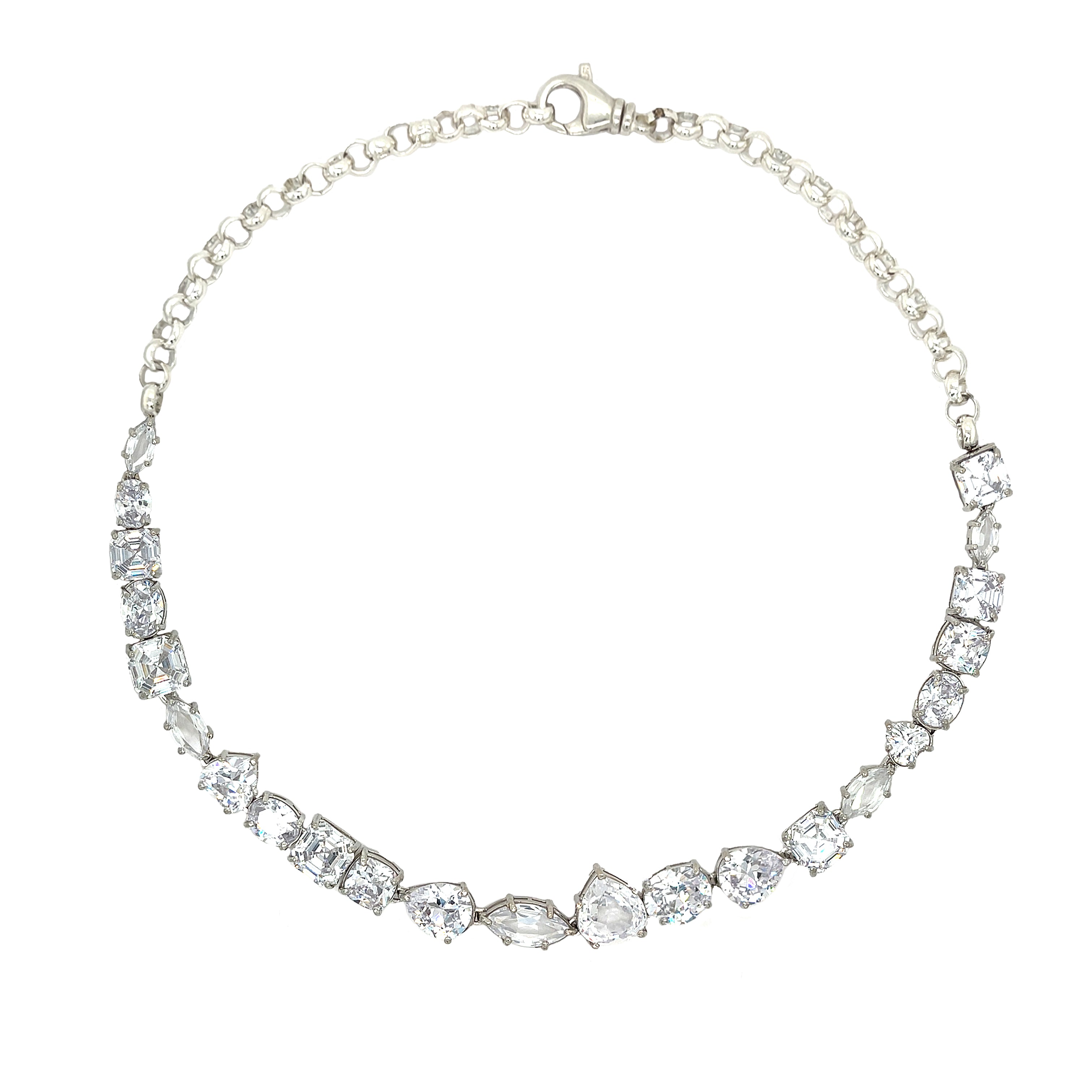 Multi-Shape CZ Necklace
A refined statement necklace designed for effortless sparkle. Vermeil plated in white gold, this piece features an assortment of mixed-shape stones for a modern, dimensional look. Set with shimmering cubic zirconia stones, the combination of cuts adds visual interest while remaining versatile enough for both everyday wear and special occasions. Secured with a classic clasp for comfortable, confident styling.
White Gold Plated Over Silver
16-18" Adjustable Length
Stones may vary in