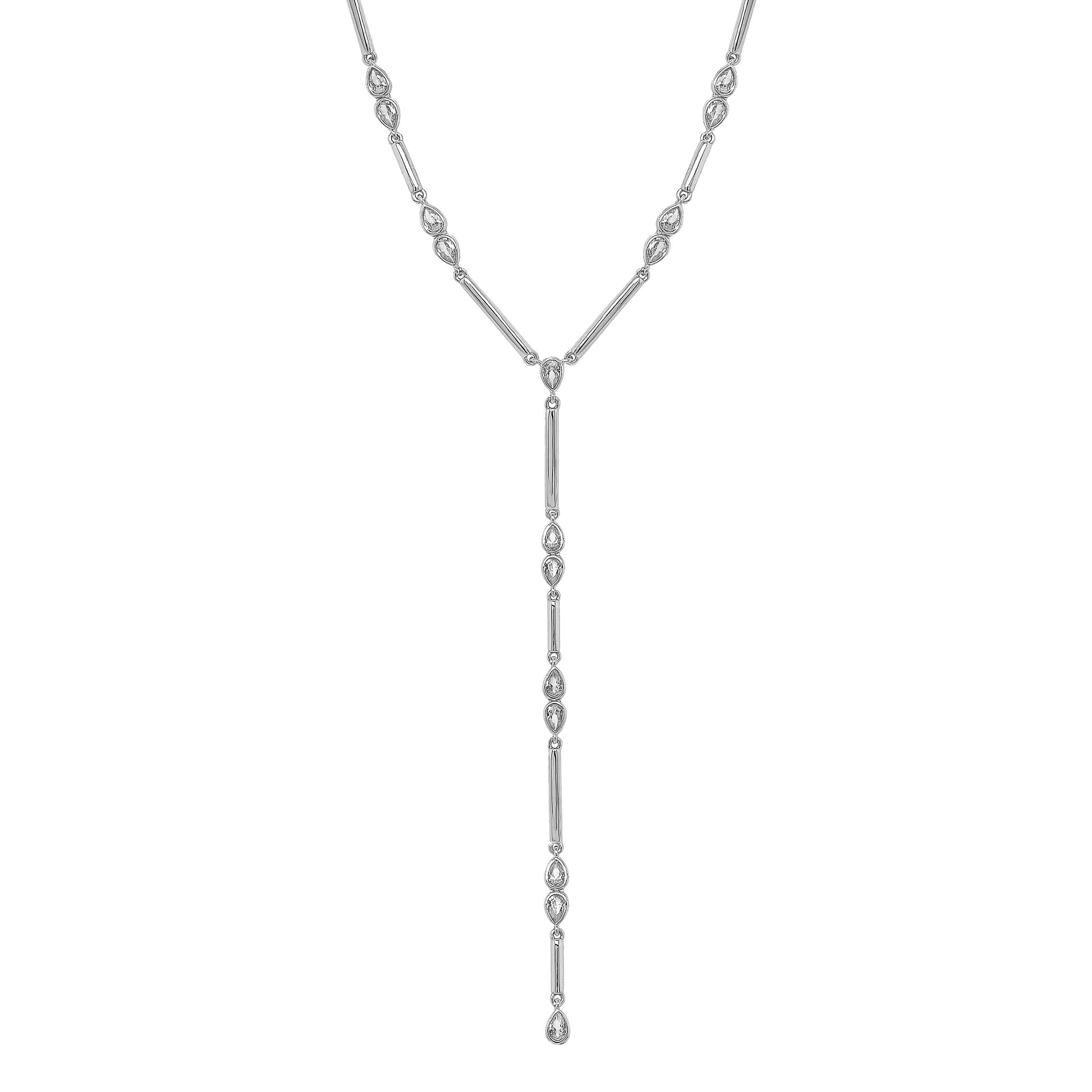 CZ Bar Lariat Necklace
White Gold Plated Over Silver
14-18" Adjustable Length
Double Pear CZs: 0.17" Long X 0.47" Wide
5" Lariat Drop
While supplies last. All Deals Of The Day sales are FINAL SALE.