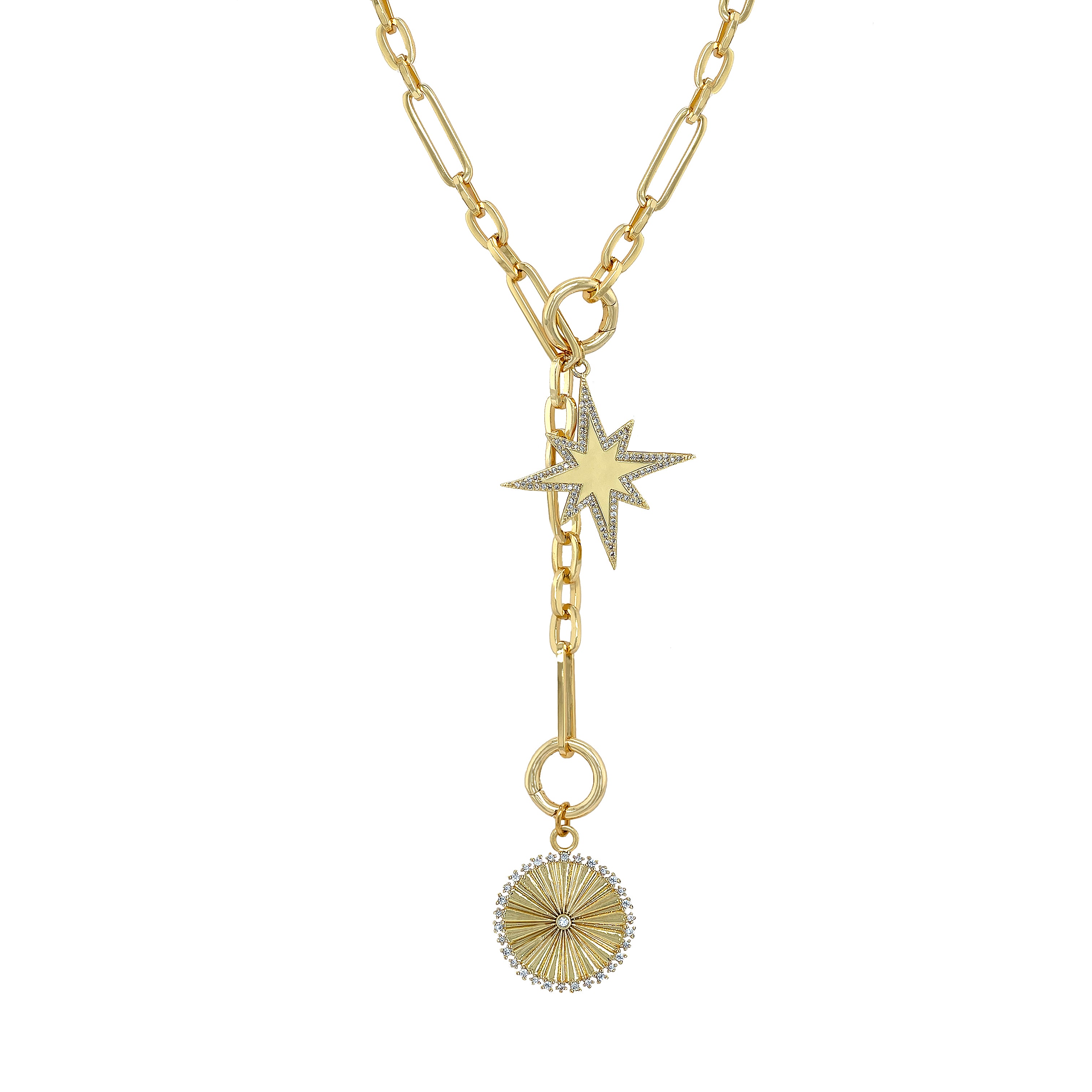 CZ Disc & Starburst Charm Lariat Necklace
Yellow Gold Plated
Starburst Charm: 1.37" Wide
Disc Charm: 0.95" Wide
Lariat Drop: 4.50" Long
18-20" Adjustable Length
While supplies last. All Deals Of The Day sales are FINAL SALE.