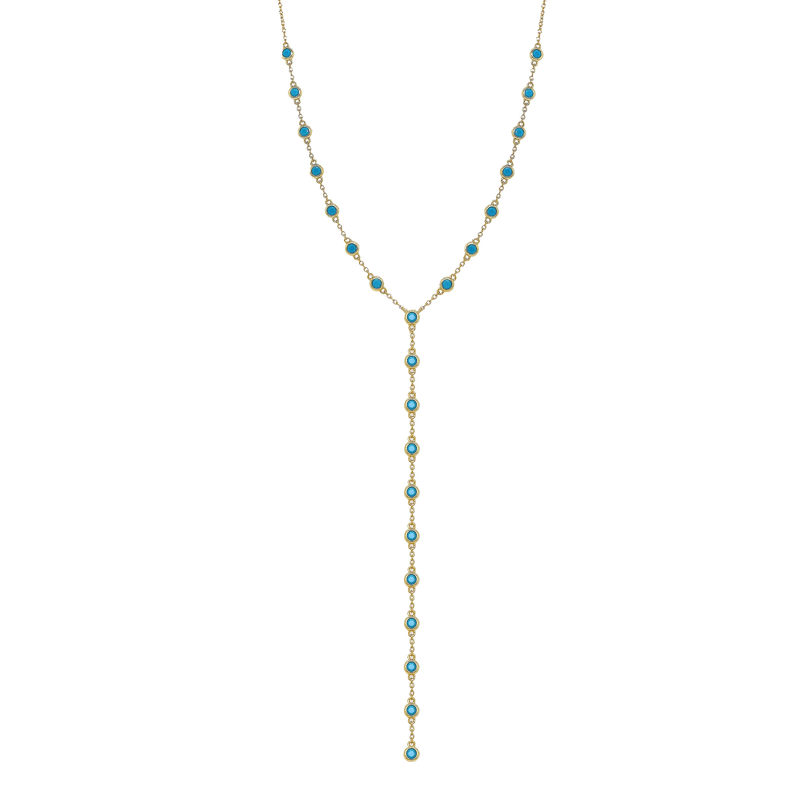 Faux Turquoise Bezel Station Lariat Y Chain Necklace Yellow Gold Plated 9.5" Lariat Drop Stones: 0.14" Wide 15.5-17.5" Adjustable Length