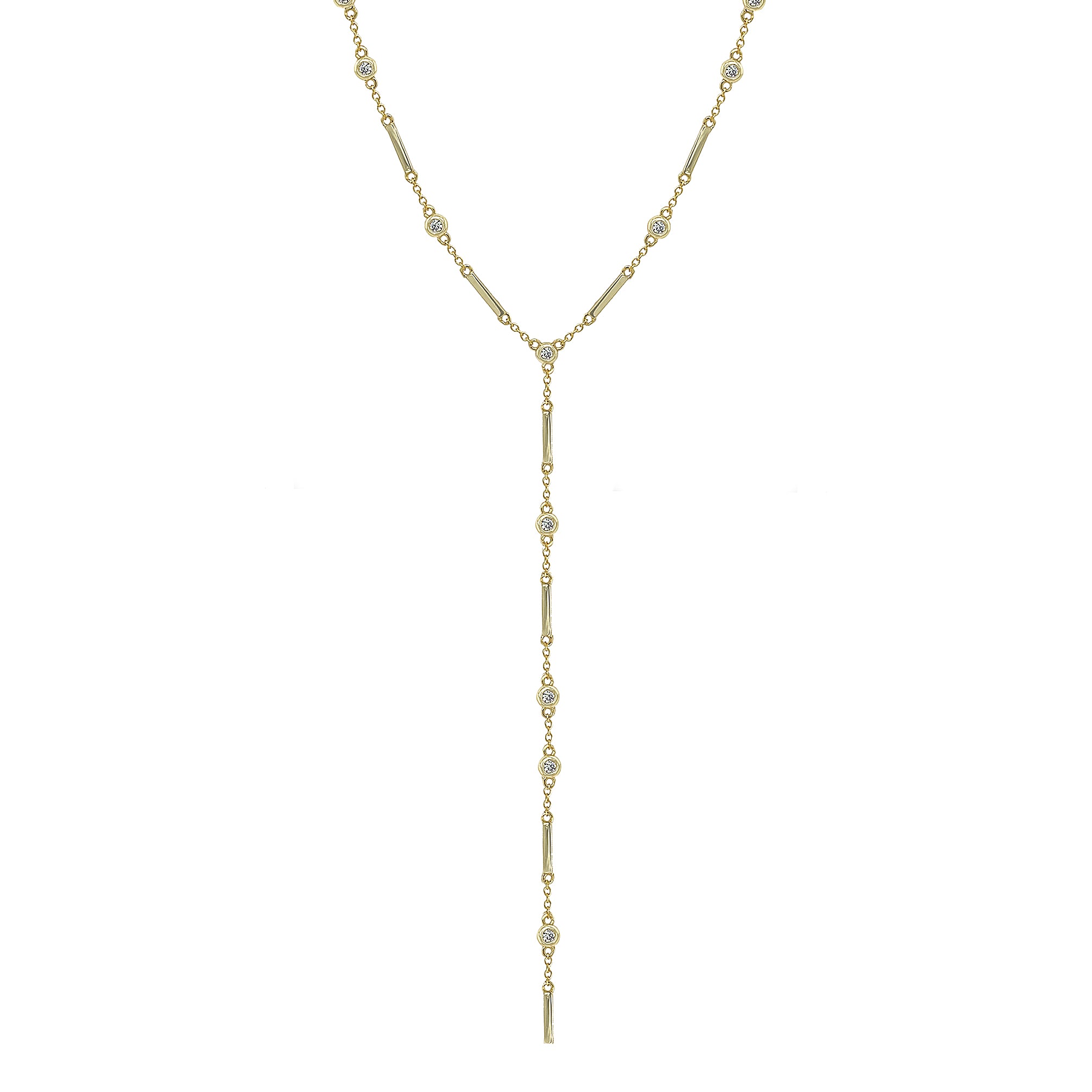 Bar Spaced CZ Bezel Lariat Necklace
This delicate bezel lariat necklace offers a minimal yet stylish touch to any outfit. Its dainty design ensures comfort and subtle elegance, perfect for layering or wearing alone. 
Yellow Gold Plated
15.5-17.5" Adjustable Length
Lariat Drop: 8" Long