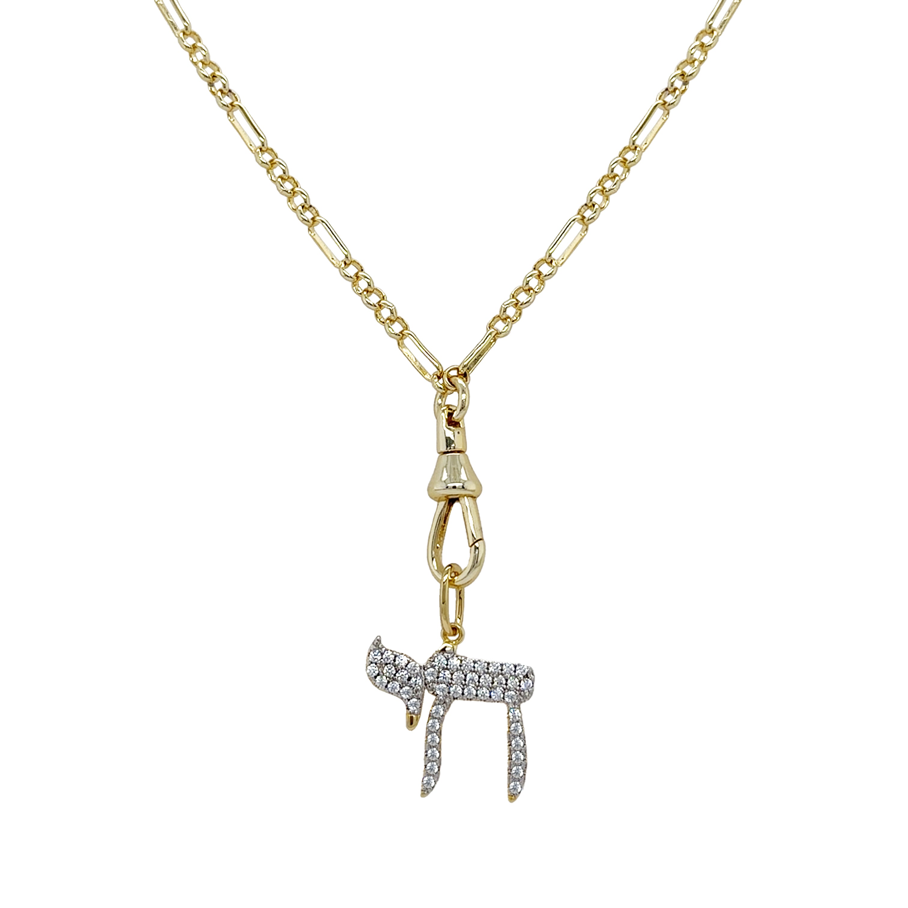 Gold necklace with a cubic zirconia chai pendant on a white background