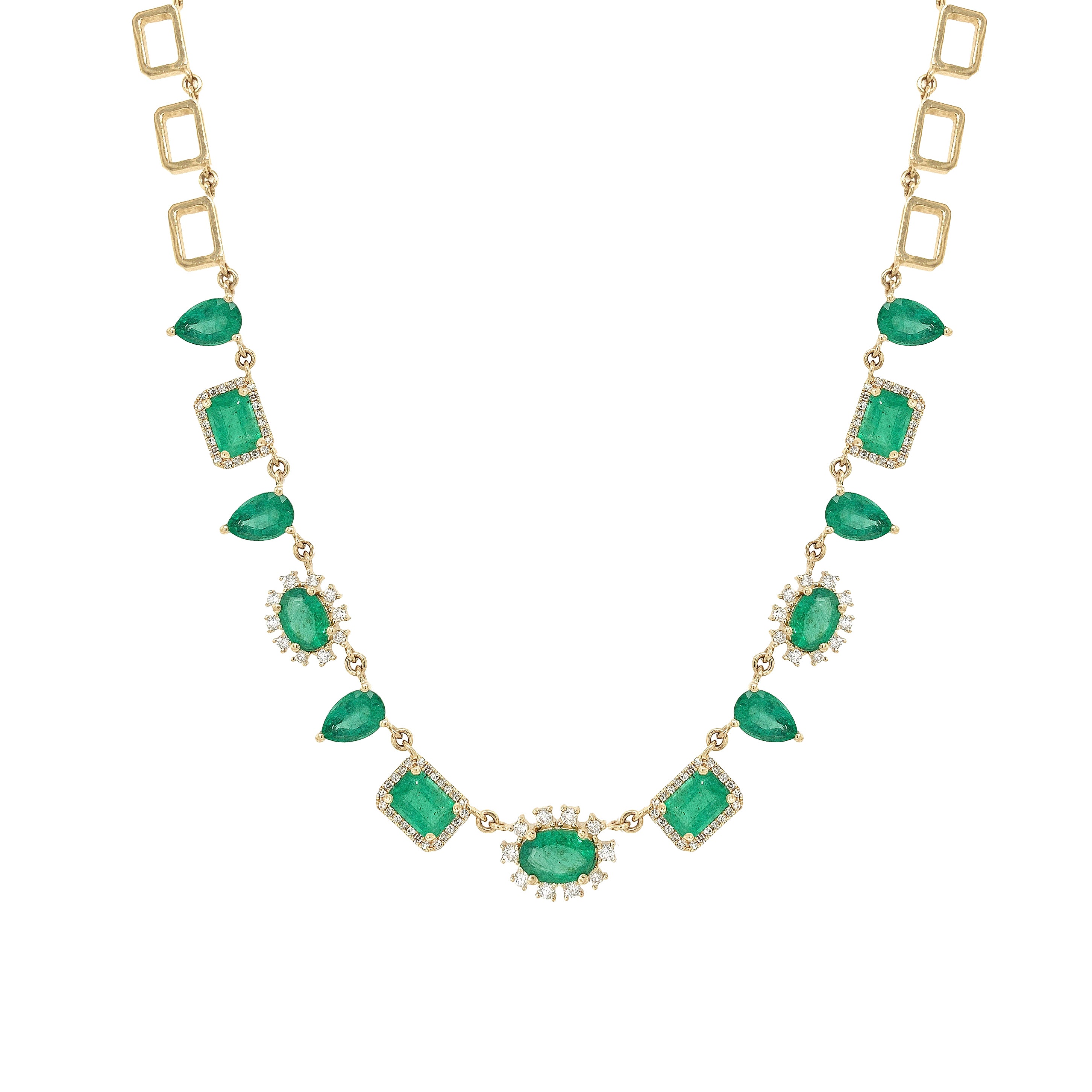 14K Gold Emerald & Diamond Necklace
14K Yellow Gold
0.53 Diamond Carat Weight
5.84 Emerald Carat Weight
Chain: 15.5" Length
Widest Stone: 0.30" Wide