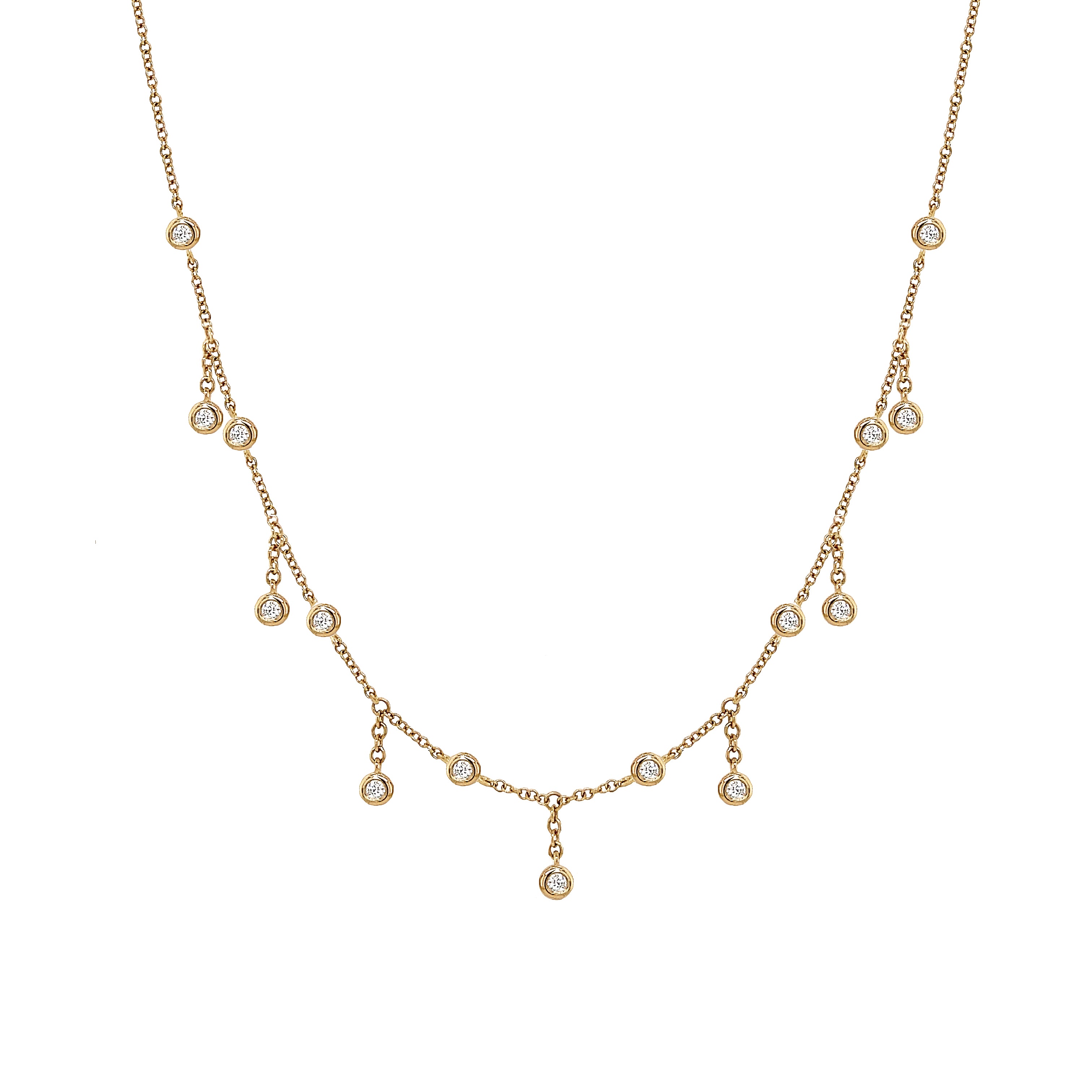 Diamond Bezel Charms Choker Chain Necklace
14K Yellow Gold
0.28 Diamond Carat Weight
14-16" Adjustable Length