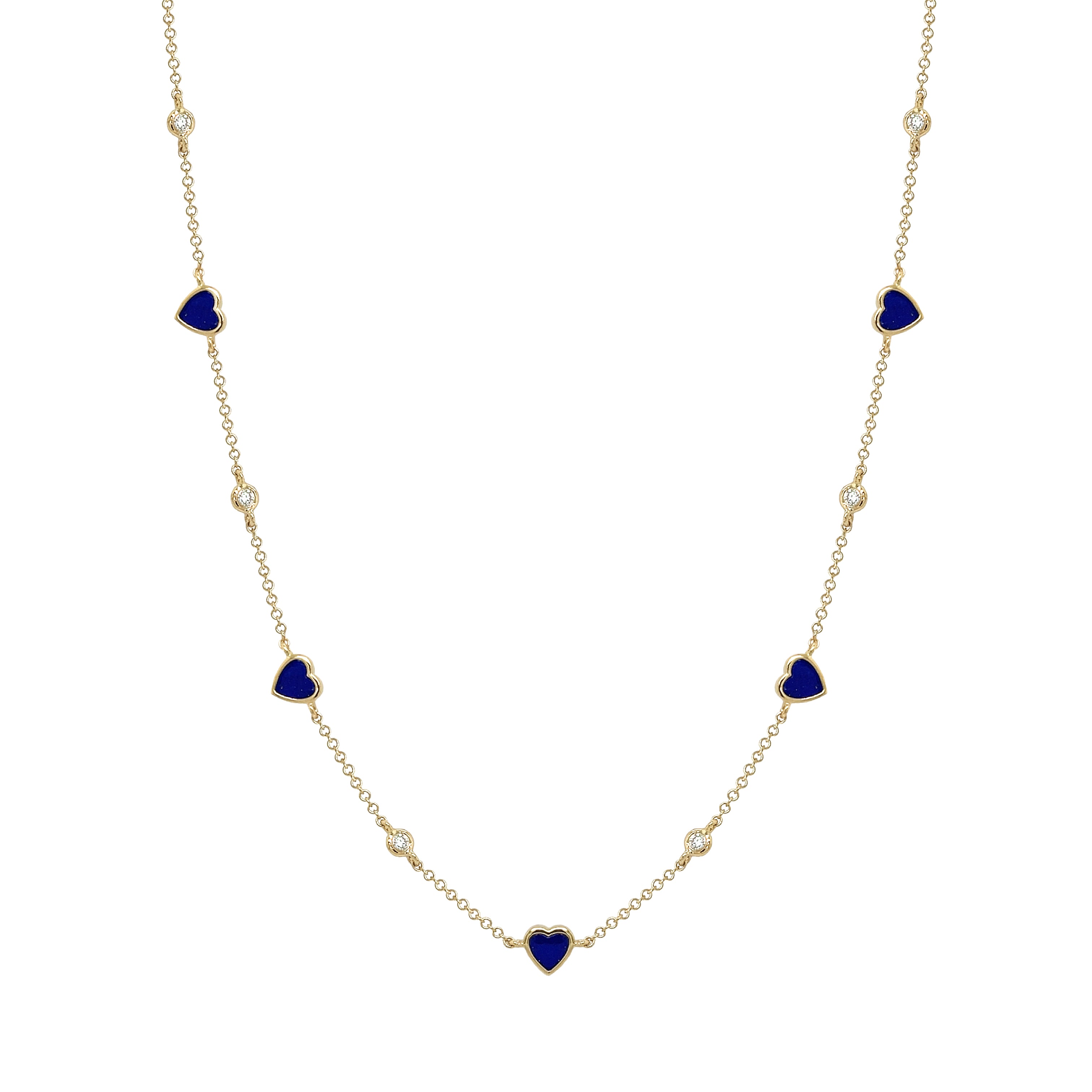 Necklace with heart-shaped blue stones on a gold chain against a white background