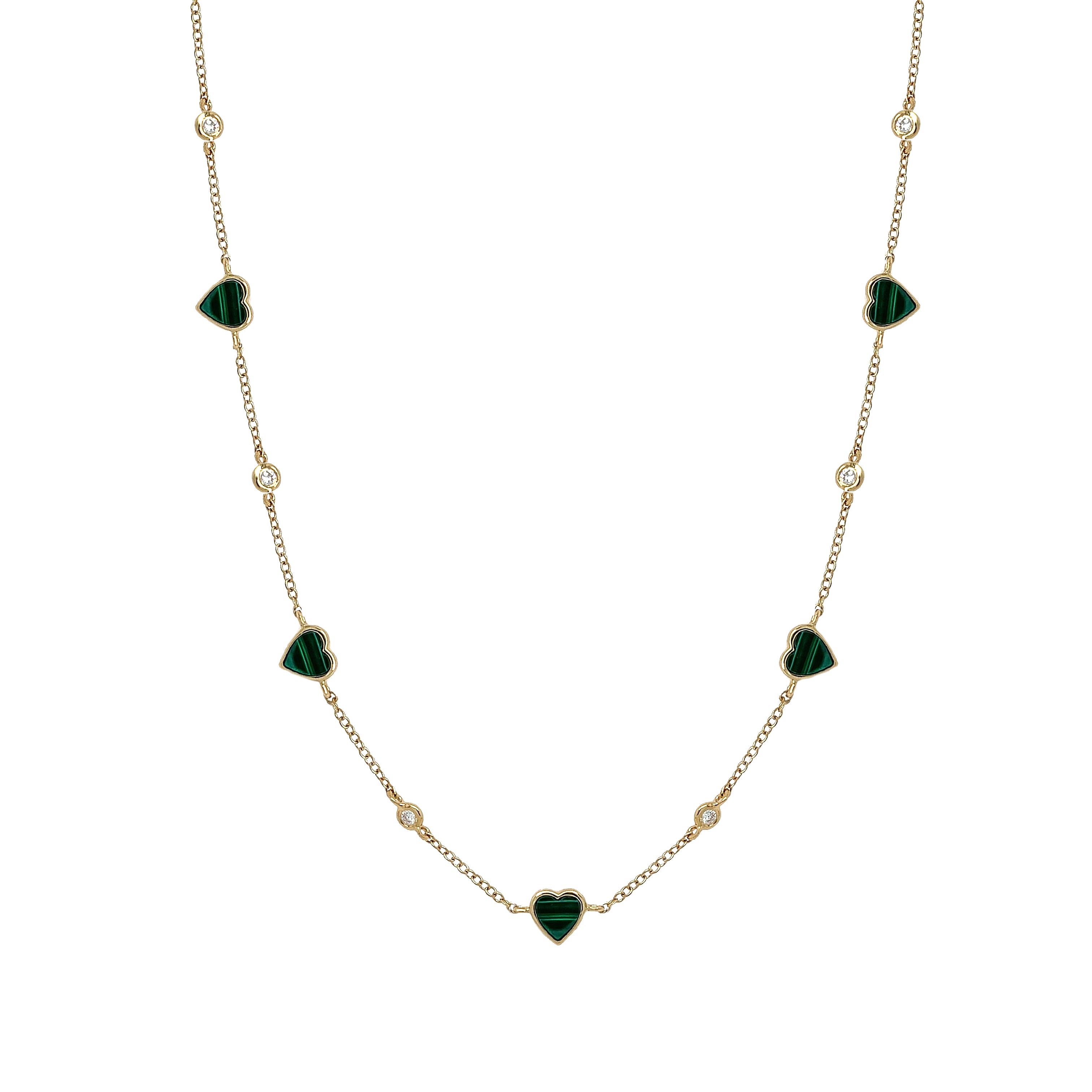 Diamond Bezel & Malachite Multi Heart Necklace
Add some sparkle to your life with our Diamond & Malachite Heart Necklace. Featuring heart-shaped malachite with bezel-set diamonds, this necklace is perfect for adding a touch of elegance to any outfit.
14K Yellow Gold
0.12 Diamond Carat Weight
0.79 Malachite Carat Weight
Hearts: 0.20" Wide
15-17" Adjustable Length