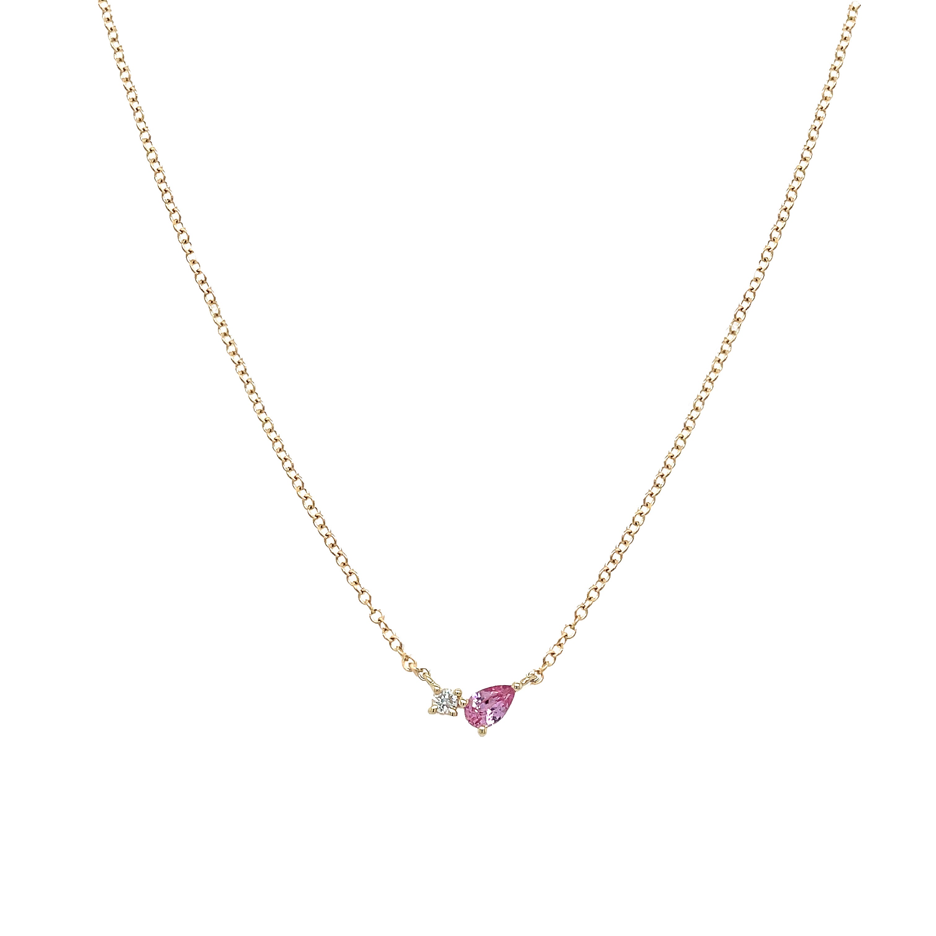 Diamond & Pink Sapphire Teardrop Necklace 14K Yellow Gold Chain: 16-18" Length Design: 0.30" Length X 0.15" Width