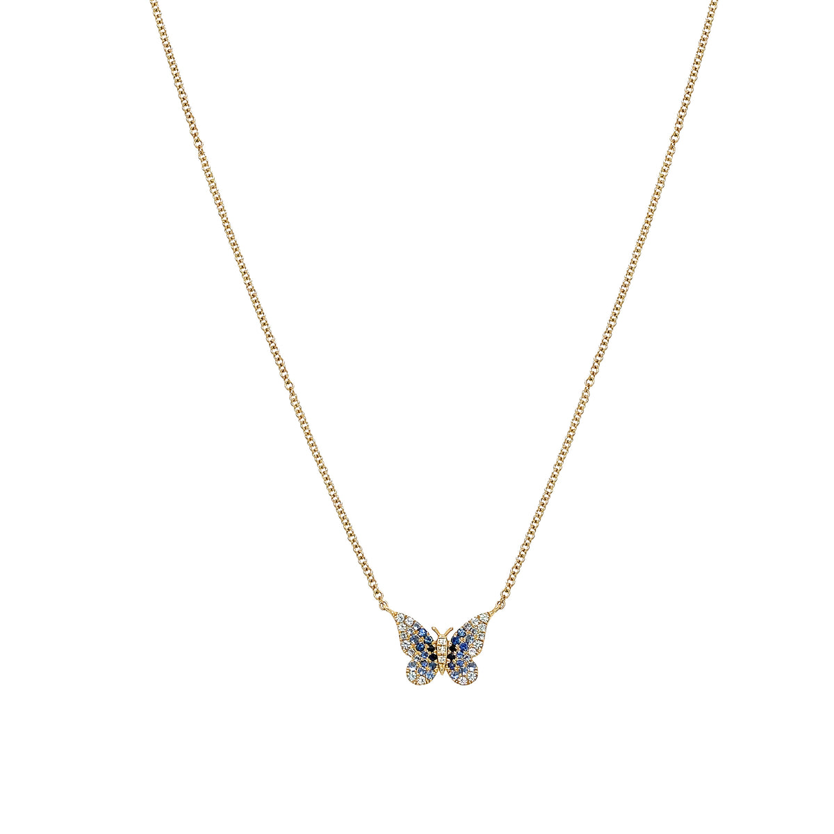 Diamond & Blue Sapphire Butterfly Necklace 14K Yellow Gold 0.01 Diamond Carat Weight 0.30 Blue Sapphire Carat Weight 16-18" Adjustable Length Butterfly: 0.37" Long X 0.48" Wide