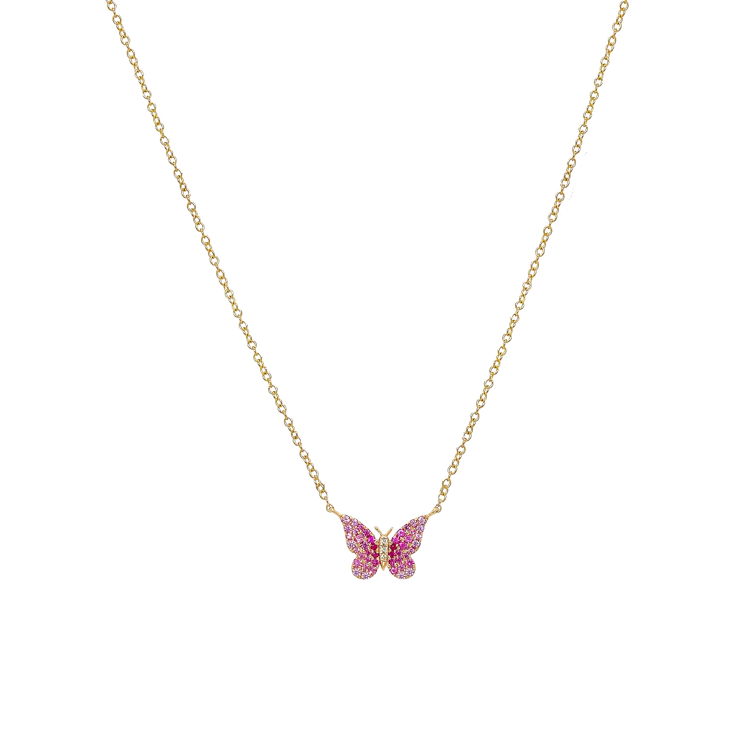 Diamond & Pink Sapphire Butterfly Necklace  14K Yellow Gold 0.01 Diamond Carat Weight  0.30 Pink Sapphire Carat Weight Butterfly: 0.37" Long X 0.48" Wide 16-18" Adjustable Length