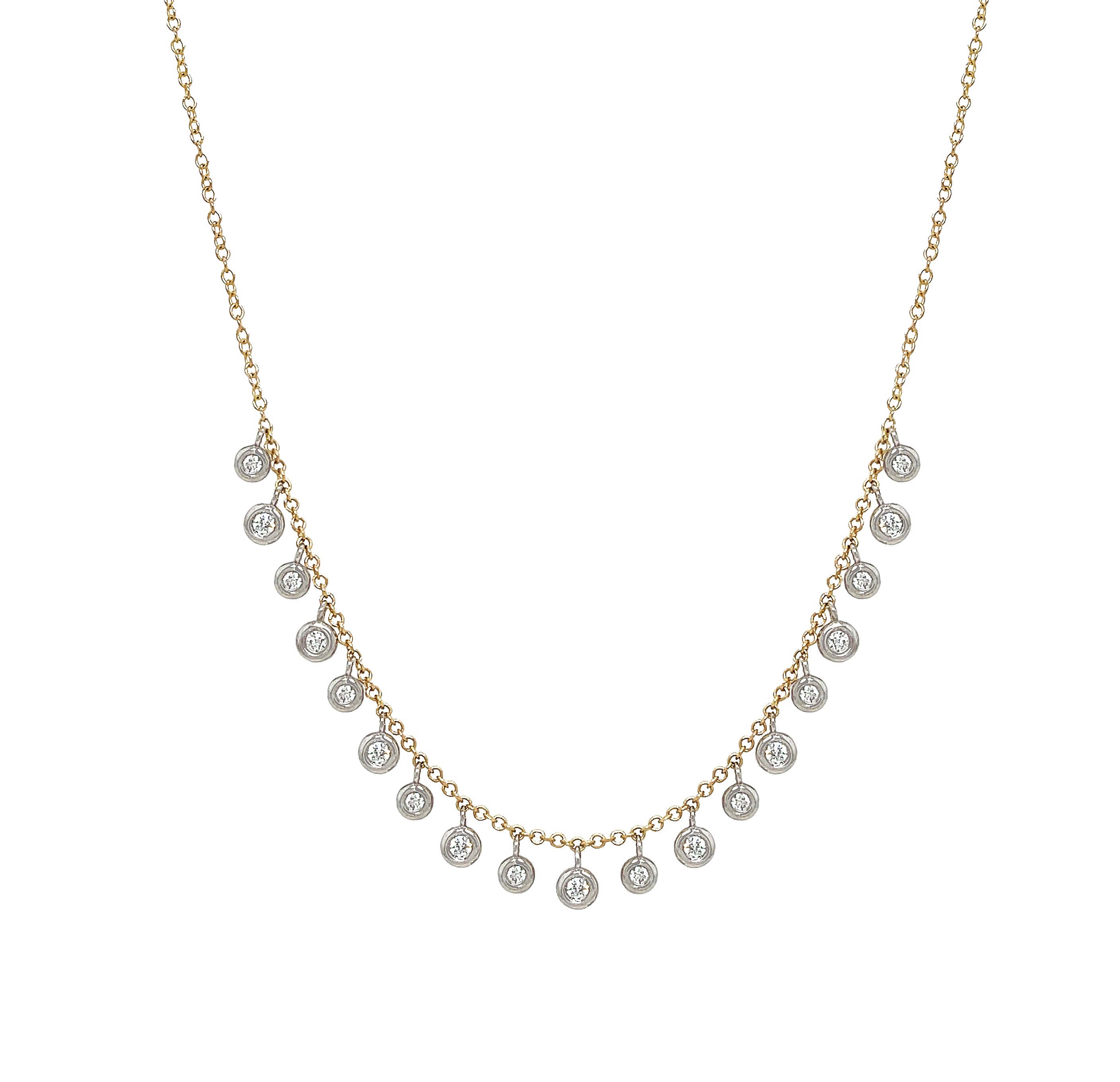 Diamond Bezel Drop Necklace
14K Yellow Gold
0.37 Diamond Carat Weight
Large Bezels: 0.19" Long X 0.12" Wide
Small Bezels: 0.16" Long X 0.10" Wide
16-18" Adjustable Length