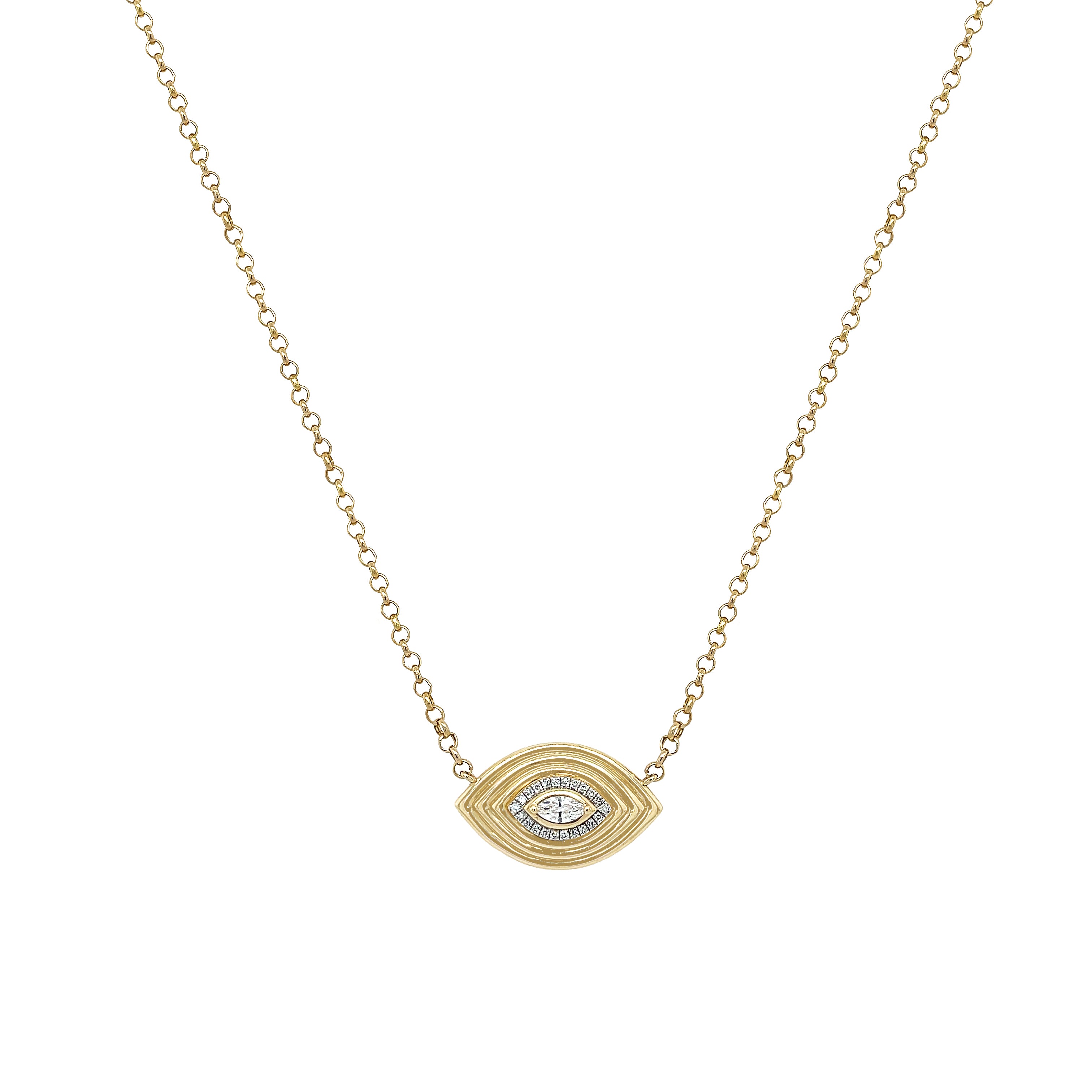 Diamond Textured Evil Eye Necklace
This diamond evil eye necklace makes a bold statement with its textured surface and intricate detailing. Expertly crafted with diamonds that sparkle with every movement, it's a sophisticated piece that blends protective symbolism with contemporary elegance.
14K Yellow Gold
0.17 Diamond Carat Weight
Evil Eye: 0.48" Long X 0.78" Wide
16-18" Adjustable Length