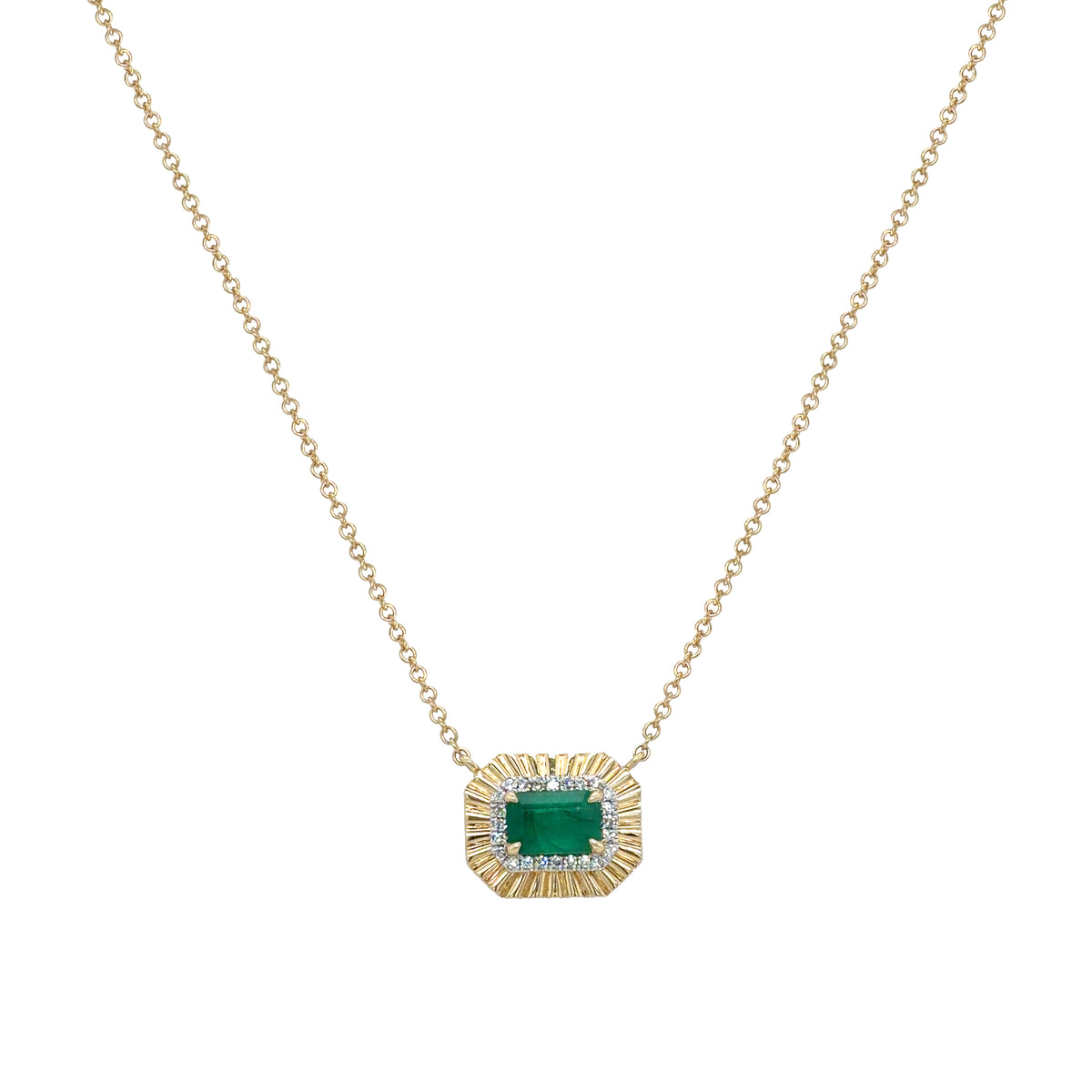 Emerald & Diamond Rectangle Pendant Chain Necklace
14K Yellow Gold
0.64" Emerald Carat Weight
0.06: Diamond Carat Weight
0.37" Long X 0.45" Wide
16-18" Adjustable Length
