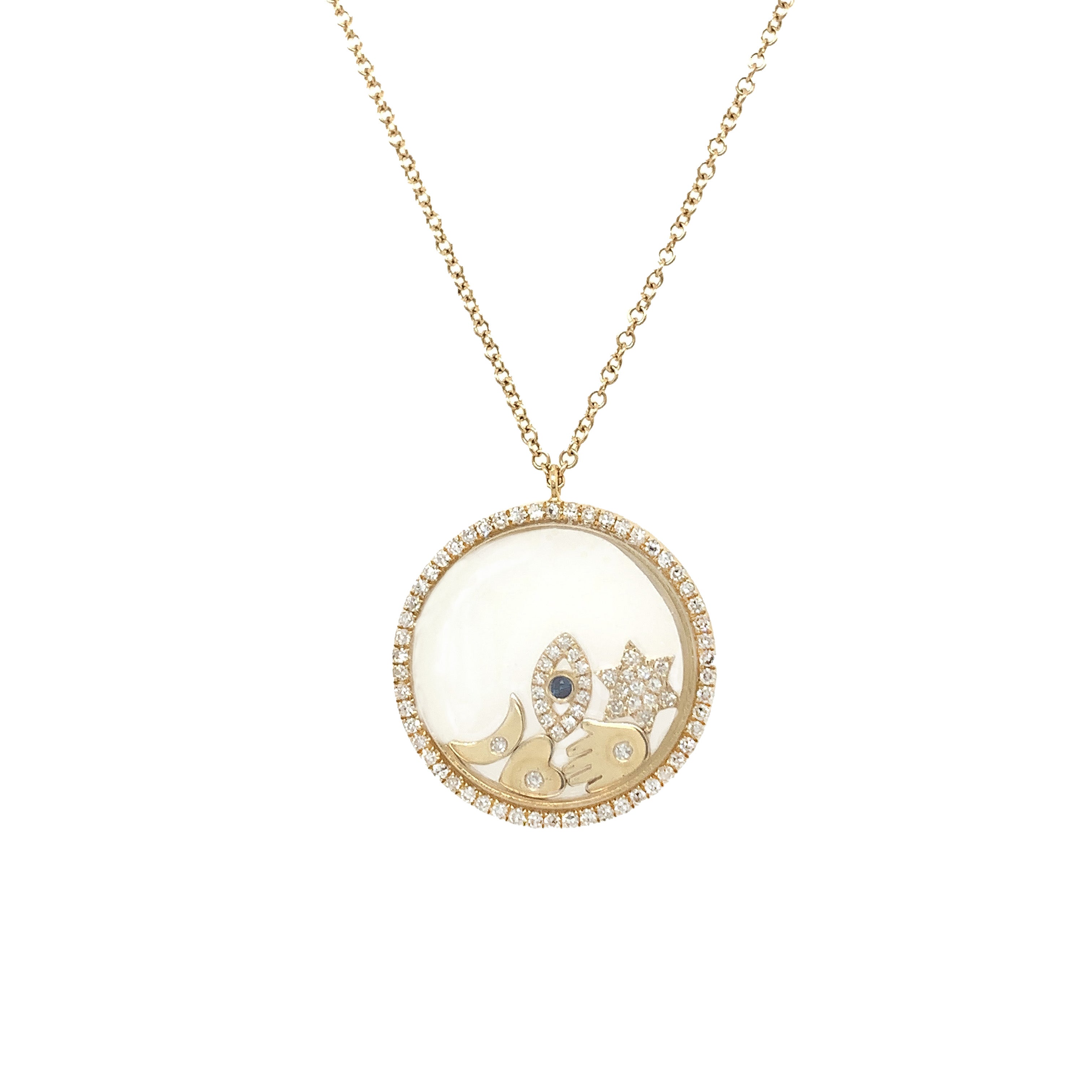 Diamond Eye, Moon, Star, Heart, Hamsa Confetti Charm Chain Necklace 14K Yellow Gold 0.33 Diamond Carat Weight 0.76" Diameter