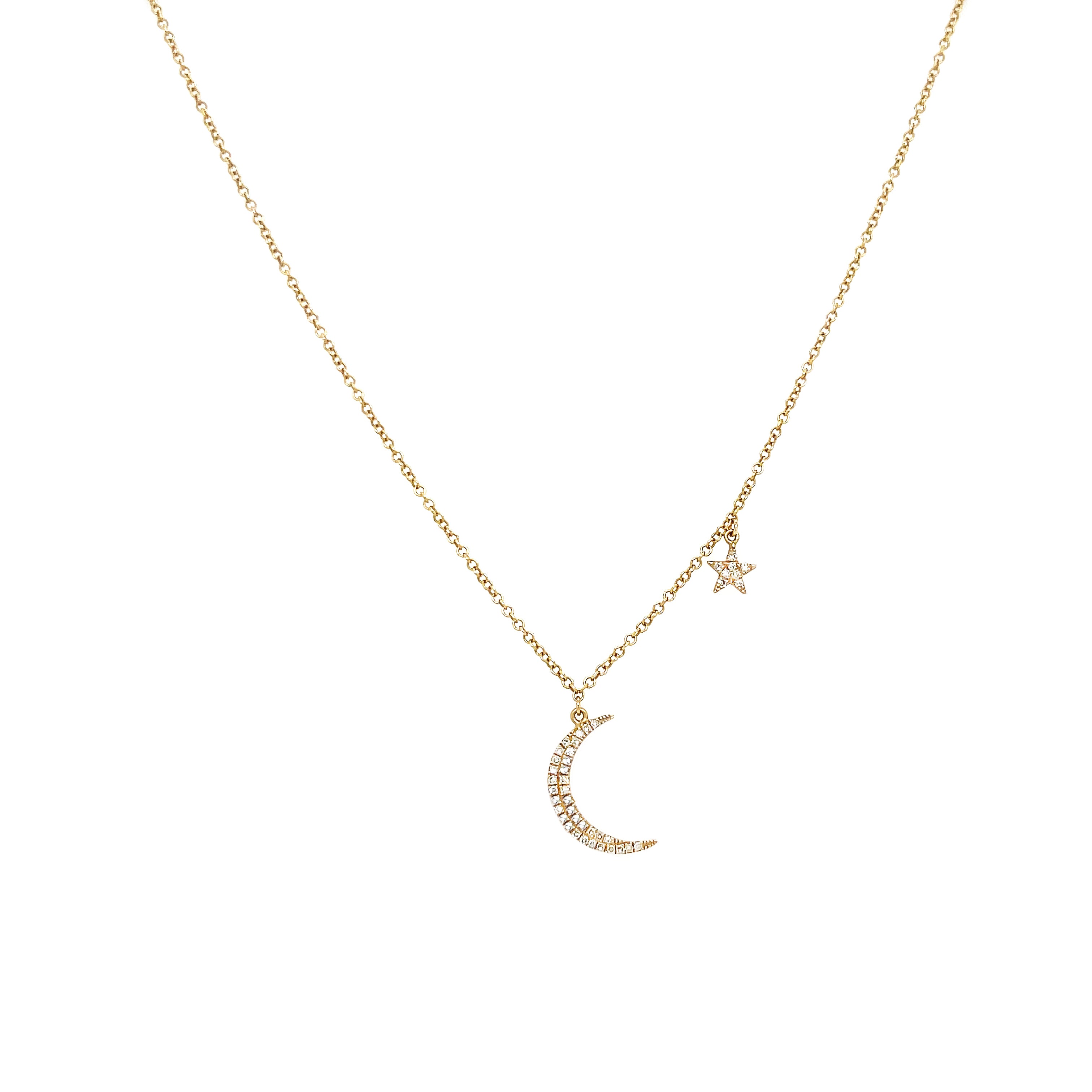 Yellow Gold Pave Diamond Moon & Star Chain Necklace 14K Yellow Gold 0.11 Diamond Carat Weight Chain: 16-18" Long Moon: 0.5" Length X 0.09" Width Star: 0.21" Diameter