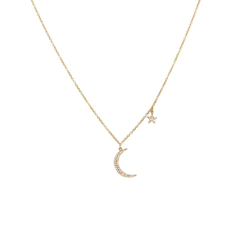 Yellow Gold Pave Diamond Moon & Star Chain Necklace  14K Yellow Gold 0.11 Diamond Carat Weight Chain: 16-18" Long Moon: 0.5" Length X 0.09" Width Star: 0.21" Diameter
