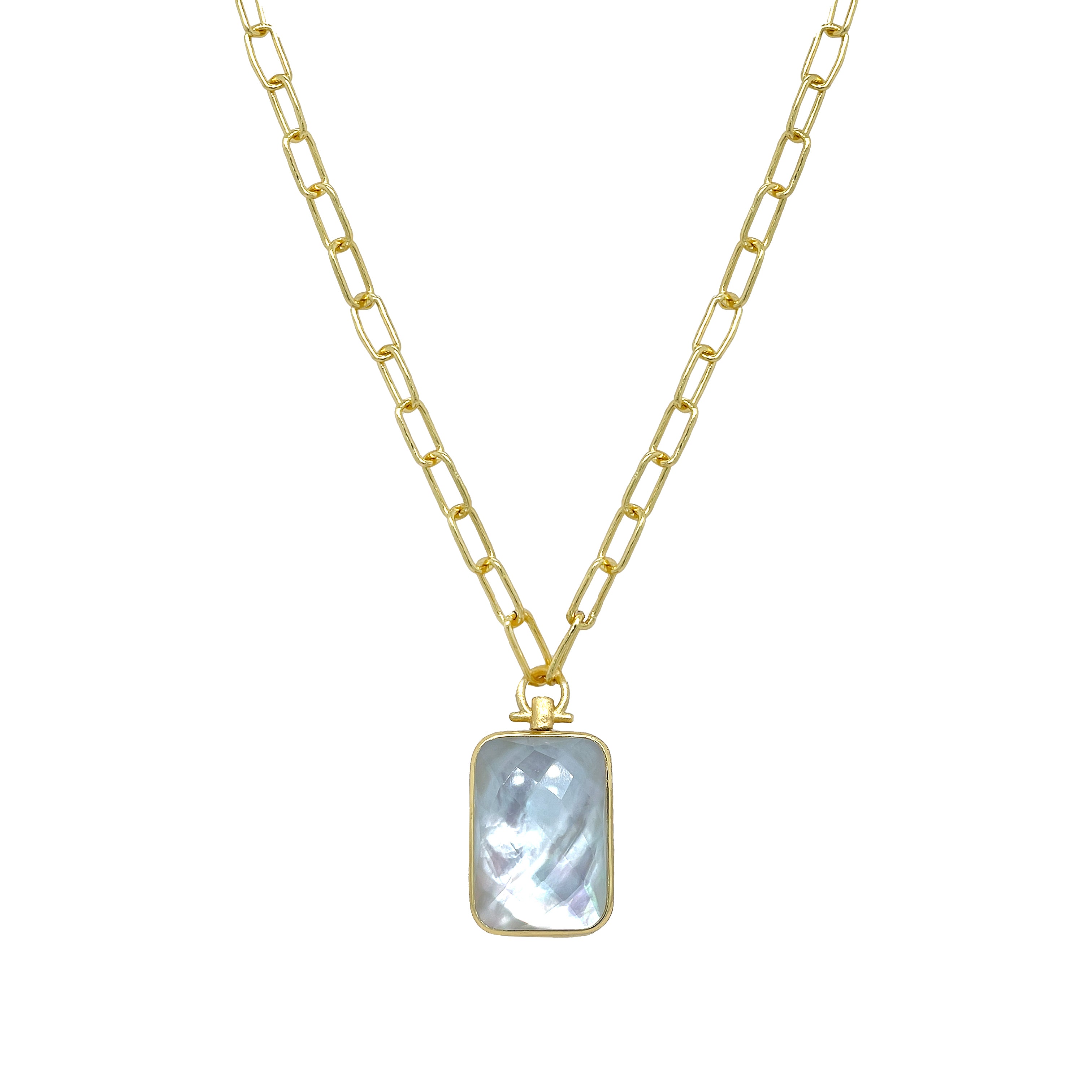 Mother Of Pearl & Grey Reversible Link Necklace
This versatile necklace features a reversible design, allowing for multiple looks in one piece. The link style adds a touch of sophistication to any outfit.
Yellow Gold Plated
Pendant: 1.69" Long X 0.88" Wide
30" Length