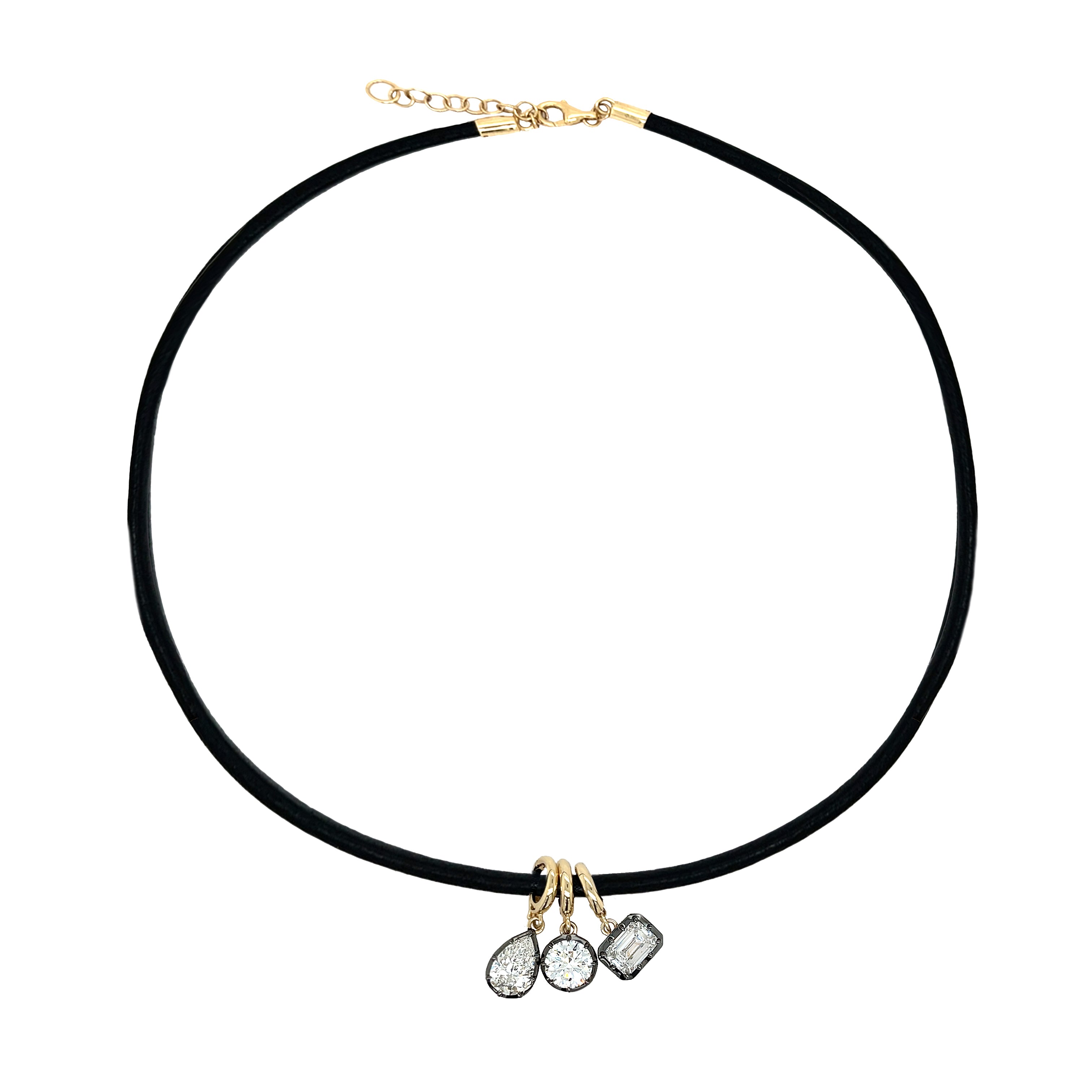 Black choker necklace with gold clasp and lab grown diamond charm pendants on a white background