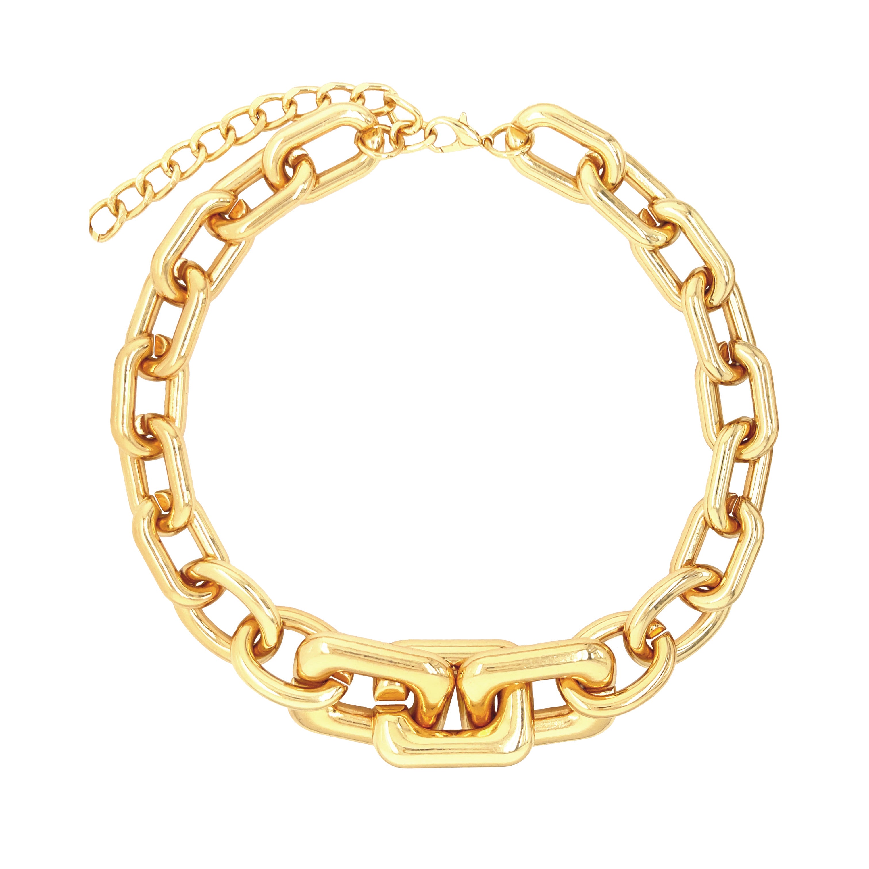 Large Gold Oval & Square Hollow Link Statement Necklace  Yellow Gold Plated 16-20" Length 1.0-1.5" Width