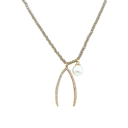 Wishbone & Pearl Charm Taupe Beaded Necklace  Yellow Gold Plated Wishbone: 1.48" Long X 0.85" Wide Pearl: 0.46" Wide 15.5-18.5" Adjustable Length