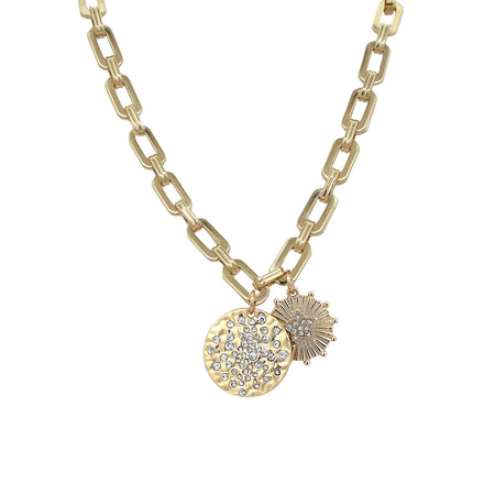 CZ Multi Charm Chain Necklace  Yellow Gold Plated Disc: 0.85" Wide Star Burst: 0.72" Wide 16.5-18.5" Adjustable Length