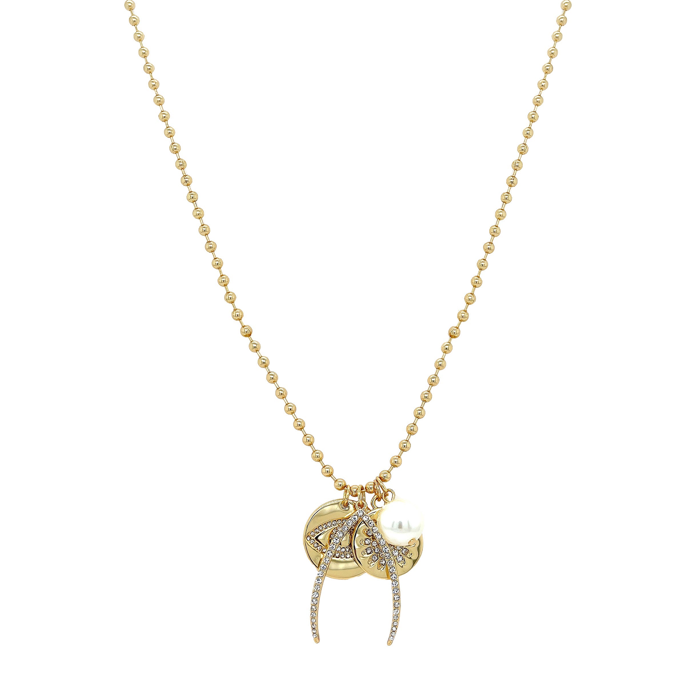CZ & Pearl Multi Charm Ball Chain Necklace  Yellow Gold Plated Eye Disc: 0.96" Long X 0.81" Wide Burst Disc: 1" Long X 0.72" Wide Wishbone: 1.55" Long X 0.88" Wide Pearl: 0.80" Long X 0.45" Wide 32" Length