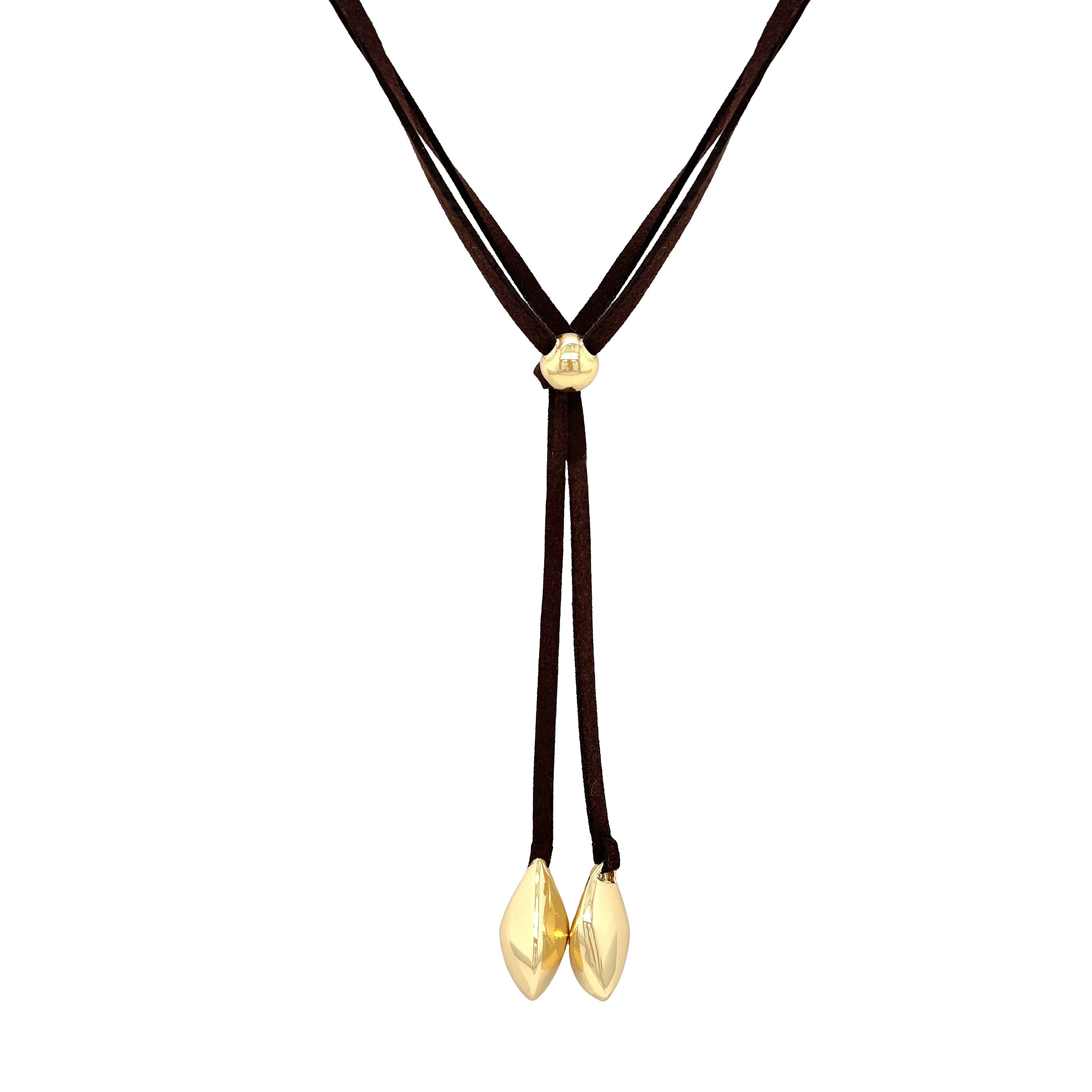 Brown Suede Lariat Necklace
This suede lariat necklace is a unique addition to any jewelry collection. The soft suede material adds a touch of luxury, while the lariat style allows for versatile wear. Elevate any outfit with this one-of-a-kind piece.
Yellow Gold Plated
Domes: 1" Long X 0.50" Wide
56" Length