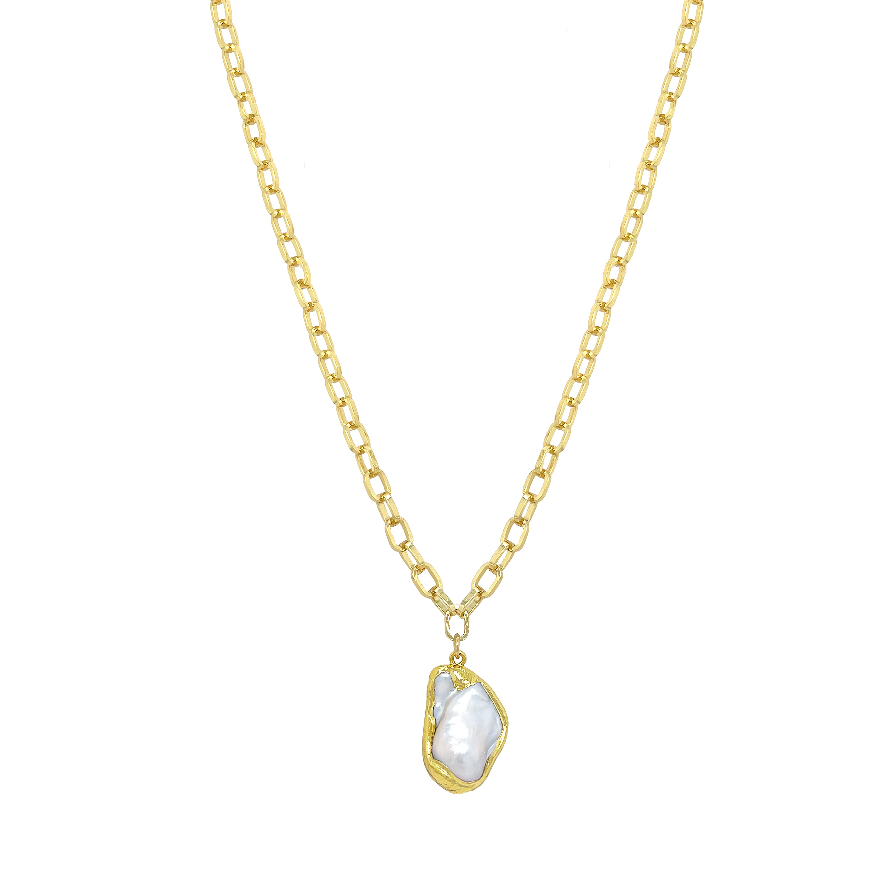Pearl Pendant Chain Necklace
Yellow Gold Plated
Pearl: 1.20" Long X 0.78" Wide
34" Length