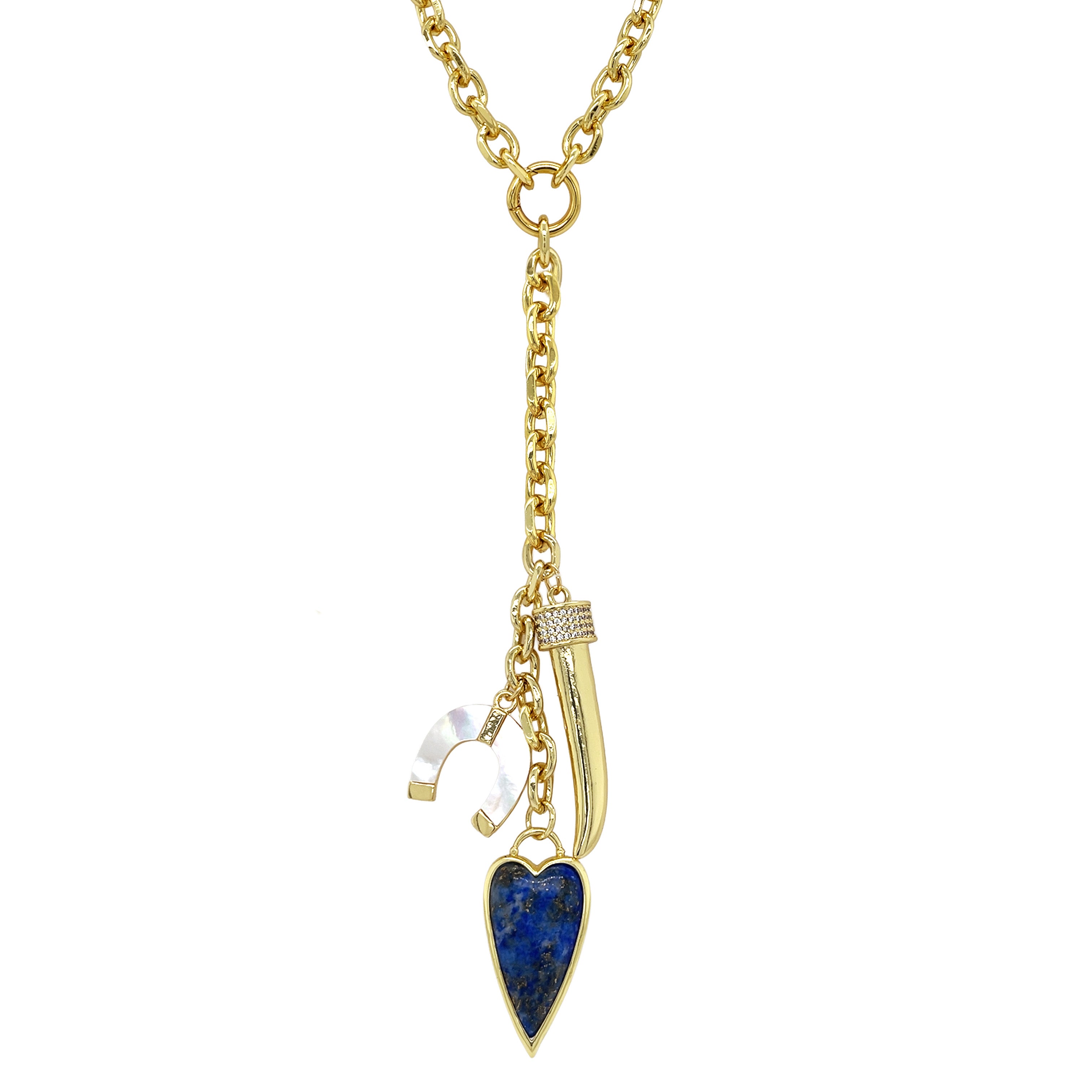 Three Lucky Charms Chain Drop Necklace
A yellow gold-plated chain drop necklace adorned with three cherished lucky charms: a gleaming gold horn, a vibrant blue heart, and a classic horseshoe. Thoughtfully designed to symbolize fortune and protection, this piece blends meaningful detail with timeless elegance. A perfect gift for someone who believes in a touch of everyday luck.