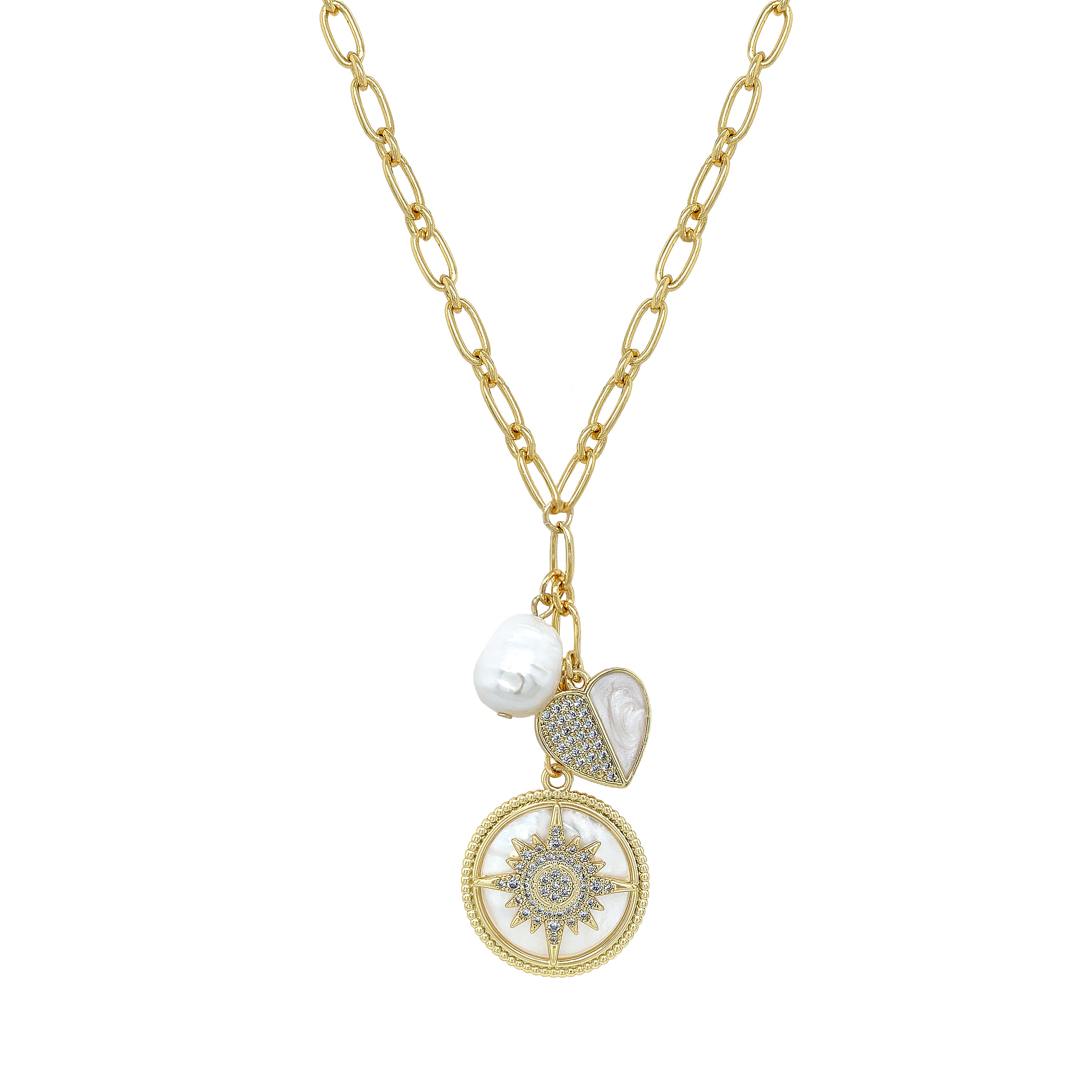 Pearl Cluster Charm Link Necklace
Yellow Gold Plated
Pearl: 0.51" Long X 0.43" Wide
Heart: 0.58" Wide
Disc: 0.97" Wide
18-21" Adjustable Length
While supplies last. All Deals Of The Day sales are FINAL SALE.