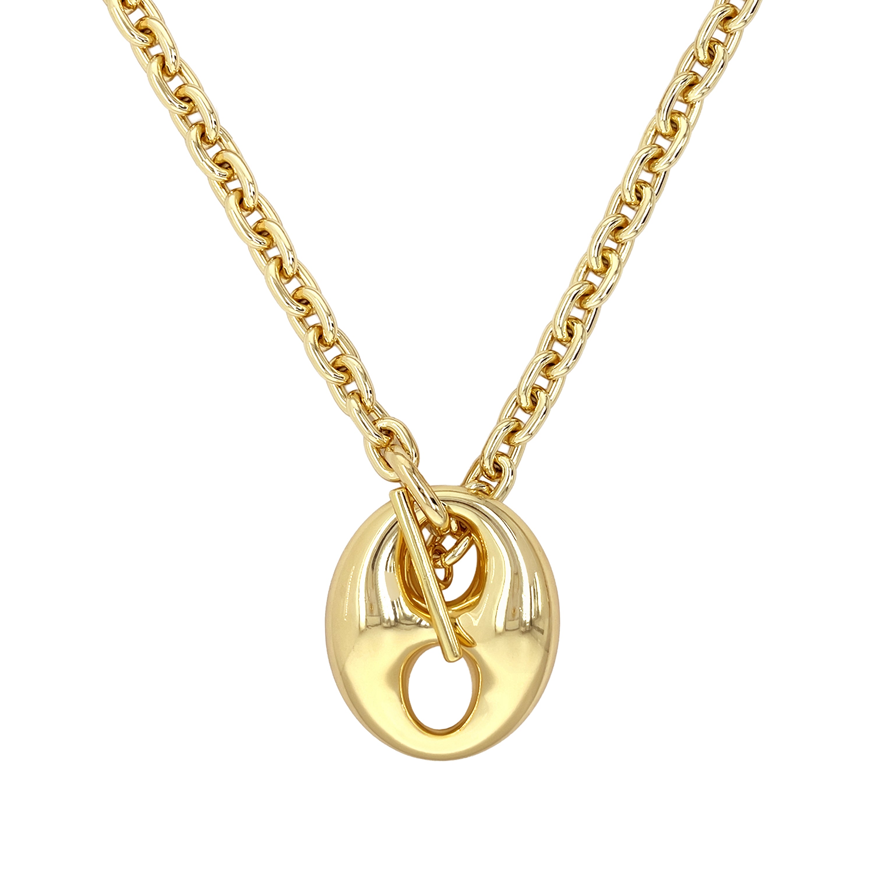 Mariner Pendant Toggle Chain Necklace
Bold and modern, the Mariner Pendant Toggle Chain Necklace features a sleek, sculptural pendant in luminous yellow gold plating. The toggle detail adds a stylish edge, perfect for everyday wear or layering.
Yellow Gold Plated
Mariner Pendant 1.98" Long X 2.35" Wide
18" Adjustable Length