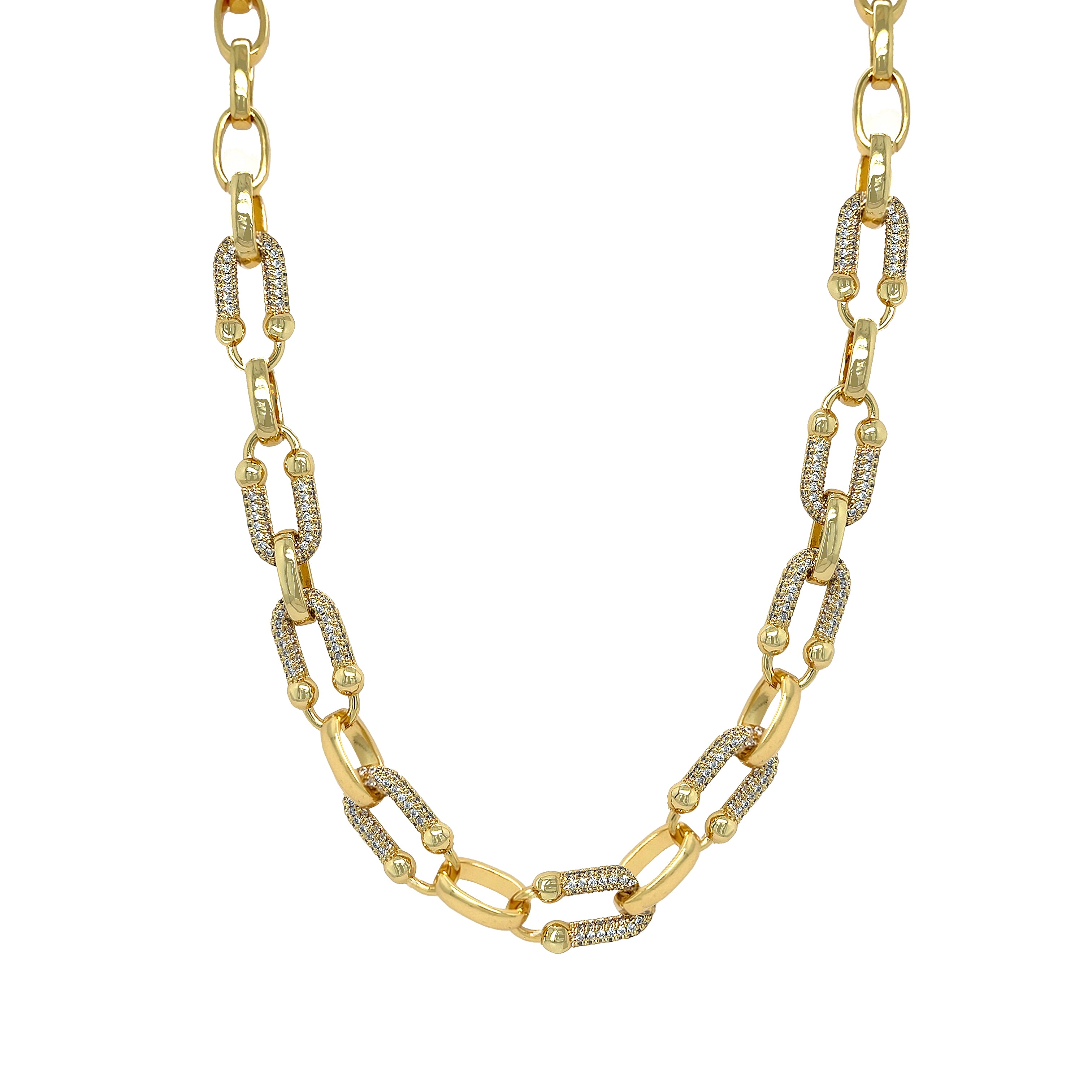 CZ Mixed Link Chain Necklace
Yellow Gold Plated
CZ Links: 0.67" Long X 0.34" Wide
Oval Links: 0.43" Long X 0.28" Wide
15-17" Adjustable Length