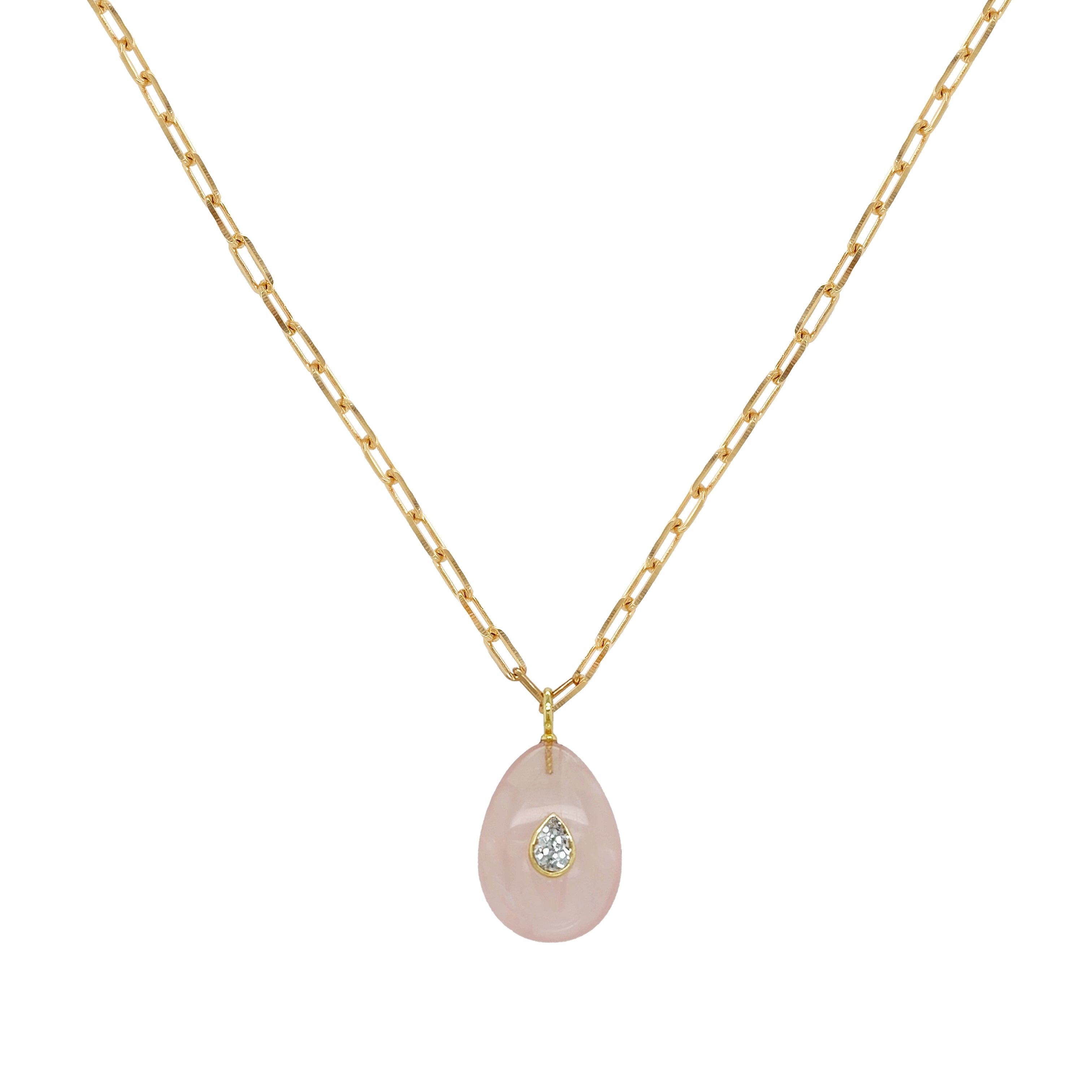Pink Quartz Charm Link Chain Necklace
A soft statement with a modern edge, this pink quartz charm necklace features a polished teardrop stone accented with a hint of sparkle, set on a delicate link chain. It adds a soft pop of color while remaining effortlessly chic. Perfect for layering or wearing on its own for a refined, feminine touch.
Yellow Gold Plated
Pendant: 1.38" Long X 0.79" Wide
15.5-19" Adjustable Length