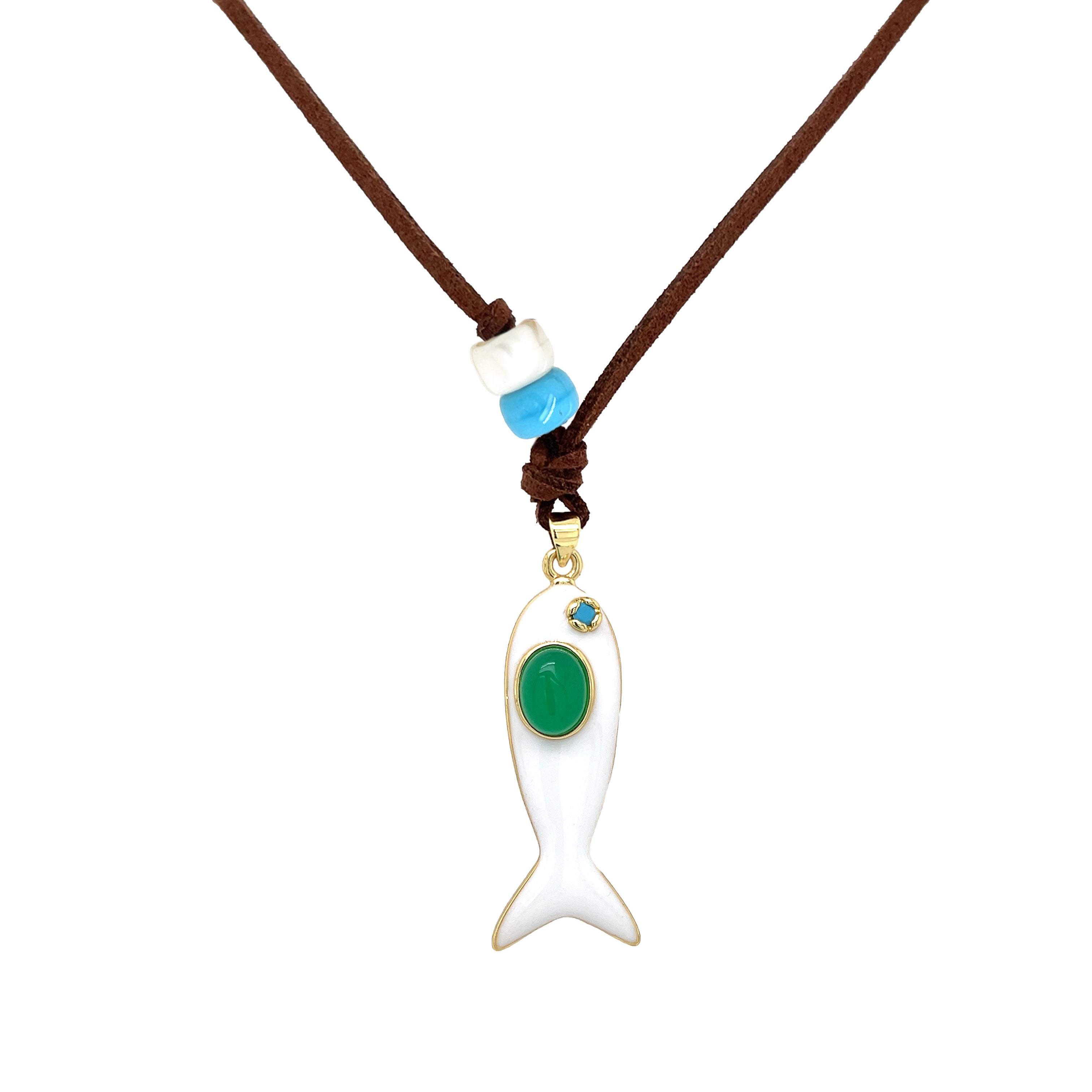 Resin Fish Pendant On Suede Leather Cord Necklace
This Fish Pendant Necklace is available in multiple color options, adding subtle yet eye-catching variety to your necklace collection. Perfect for layering, it complements diverse styles while being a chic statement.
Yellow Gold Filled
Fish Pendant: 1.5" Long X 0.5" Wide
Drop: 1.75" Long