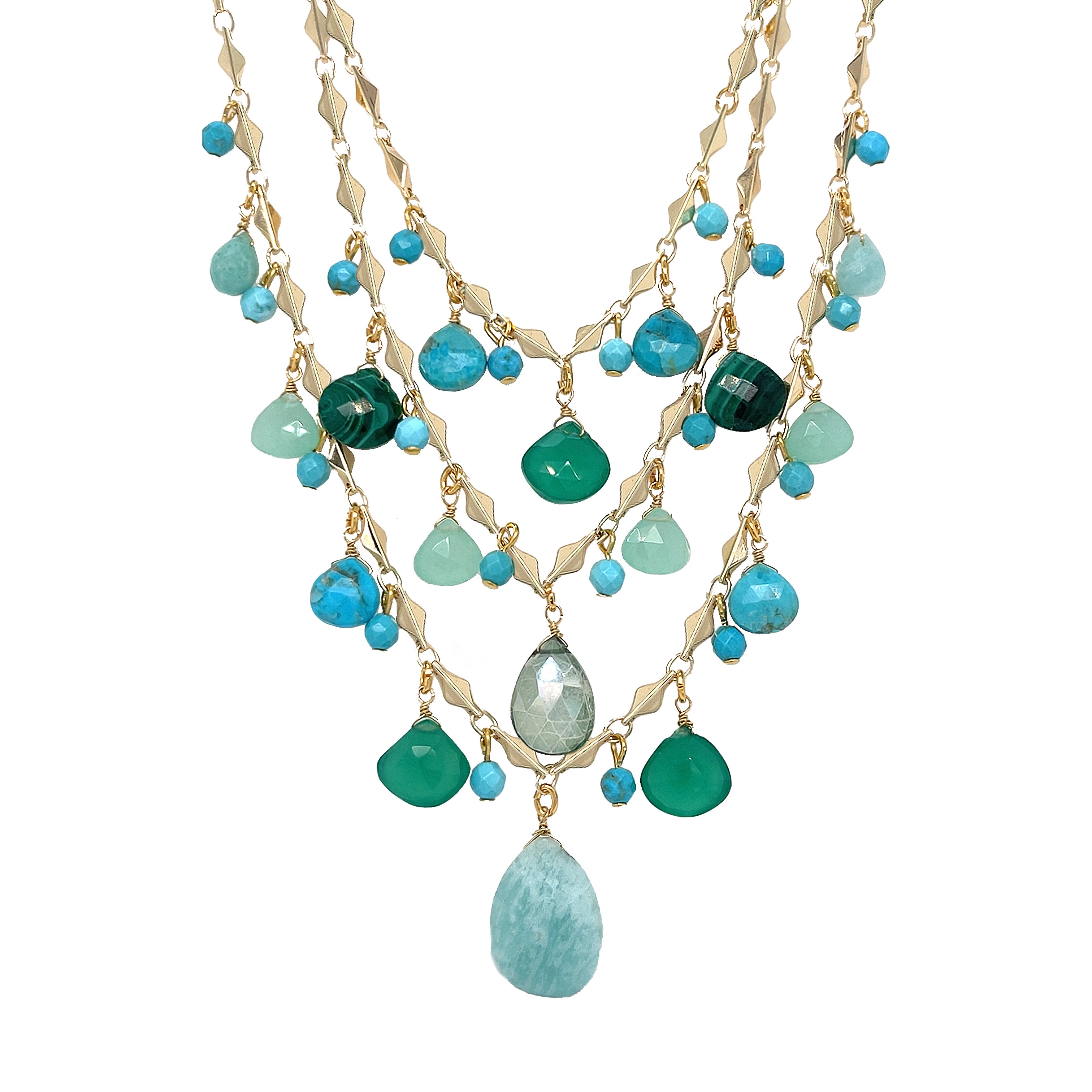 Malachite, Chalcedony & Turquoise Multi Stone 3 Strand Necklace
Add a bold, vibrant touch to your look with our Blue Multi Stone Necklace. Perfect for making a statement and adding a pop of color to any outfit, this necklace will elevate your style game. Don't be afraid to stand out with this playful and eye-catching piece.
Yellow Gold Plated
16-18" Adjustable Length