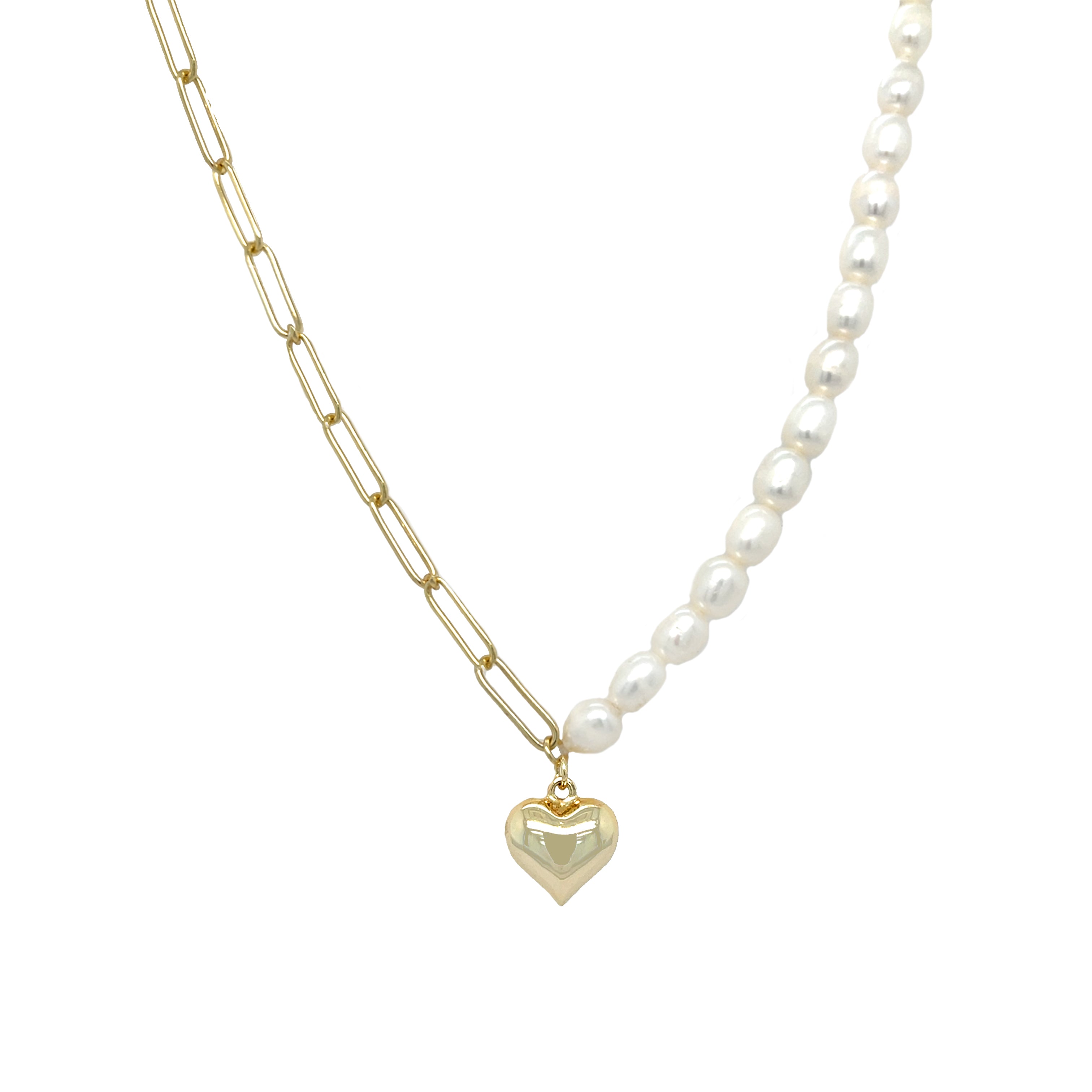 Pearl & Paperclip Link Heart Pendant Necklace
Yellow Gold Plated
Pearls: 5MM
Heart: 0.43" Wide
15.5-17.5 Adjustable Length
While supplies last. All Deals Of The Day sales are FINAL SALE.