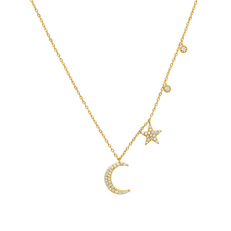 Pave CZ Start & Moon Charm Chain Necklace  Yellow Gold Plated Over Silver 15.5-18" Adjustable Length Moon: 0.54" Long X 0.39" Wide Star: 0.37" Wide CZ Dangle: 0.11" Wide    While supplies last. All Deals Of The Day sales are FINAL SALE.