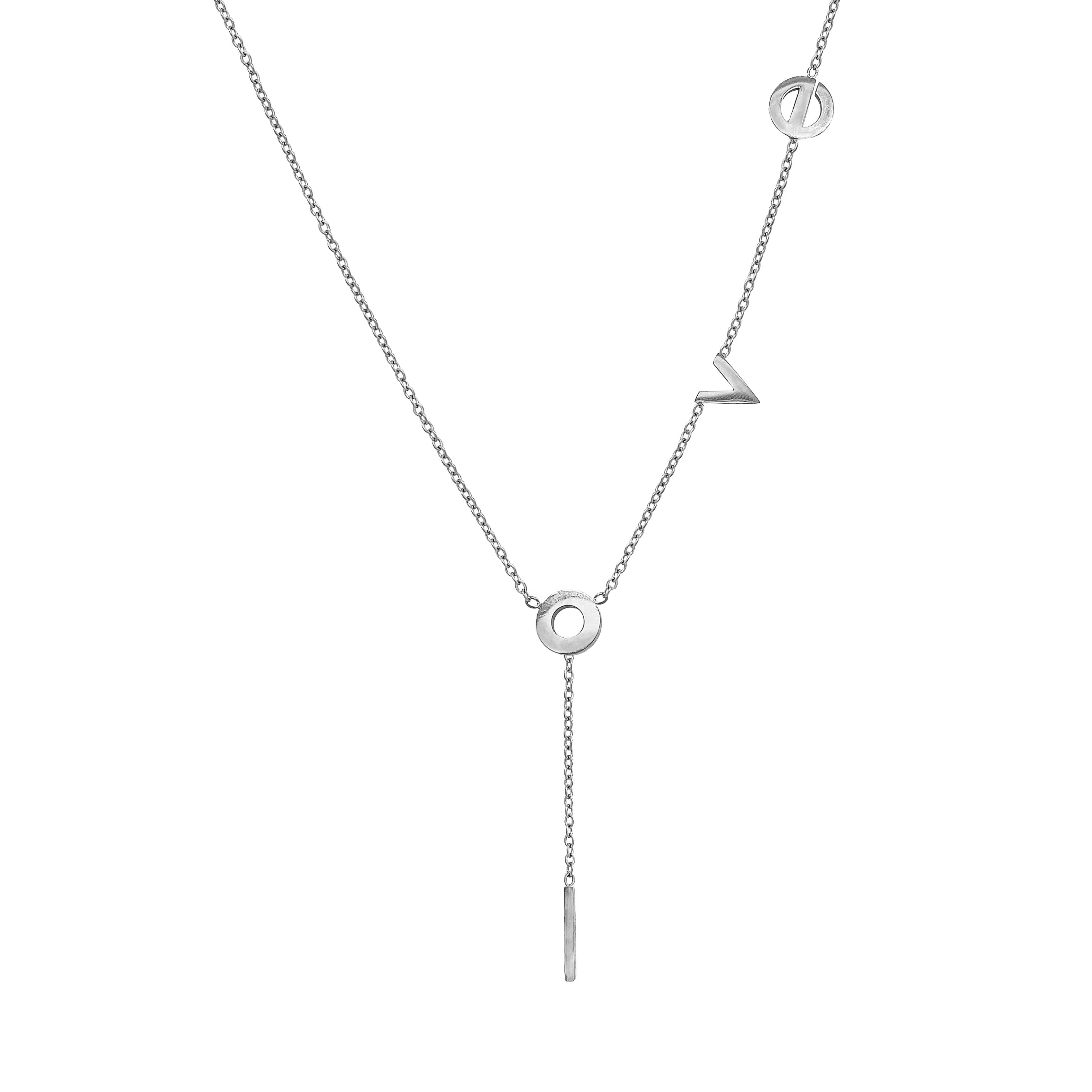 "I Love You" Lariat Necklace
White Gold Plated
Letters: Approximately 0.33" Wide
Lariat Drop: 2.25" Long
17-19" Adjustable Length