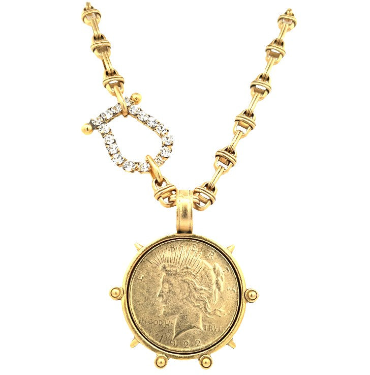 CZ Coin Pendant Chain necklace Yellow Gold Plated Coin: 1.60" Diameter 18" Long