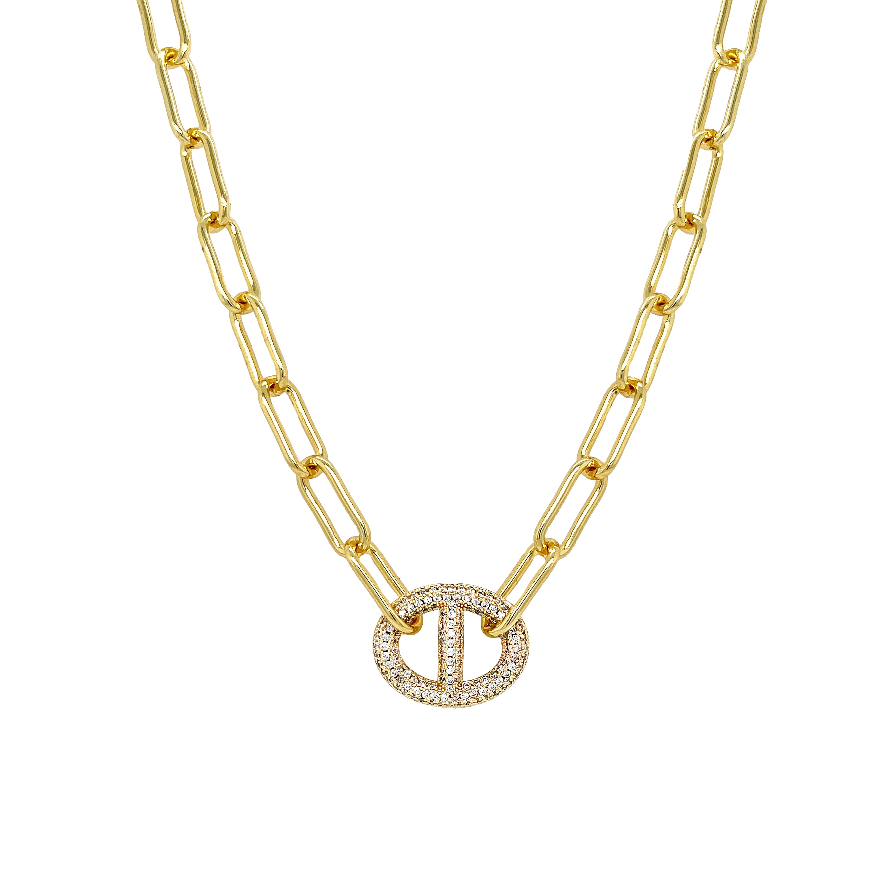 Pave Mariner Link On Paperclip Chain Necklace Yellow Gold Plated CZ Mariner: 0.68" Long X 0.84" Wide Link: 0.27" Wide 18-20.5" Adjustable Length While supplies last. All Deals Of The Day sales are FINAL SALE.
