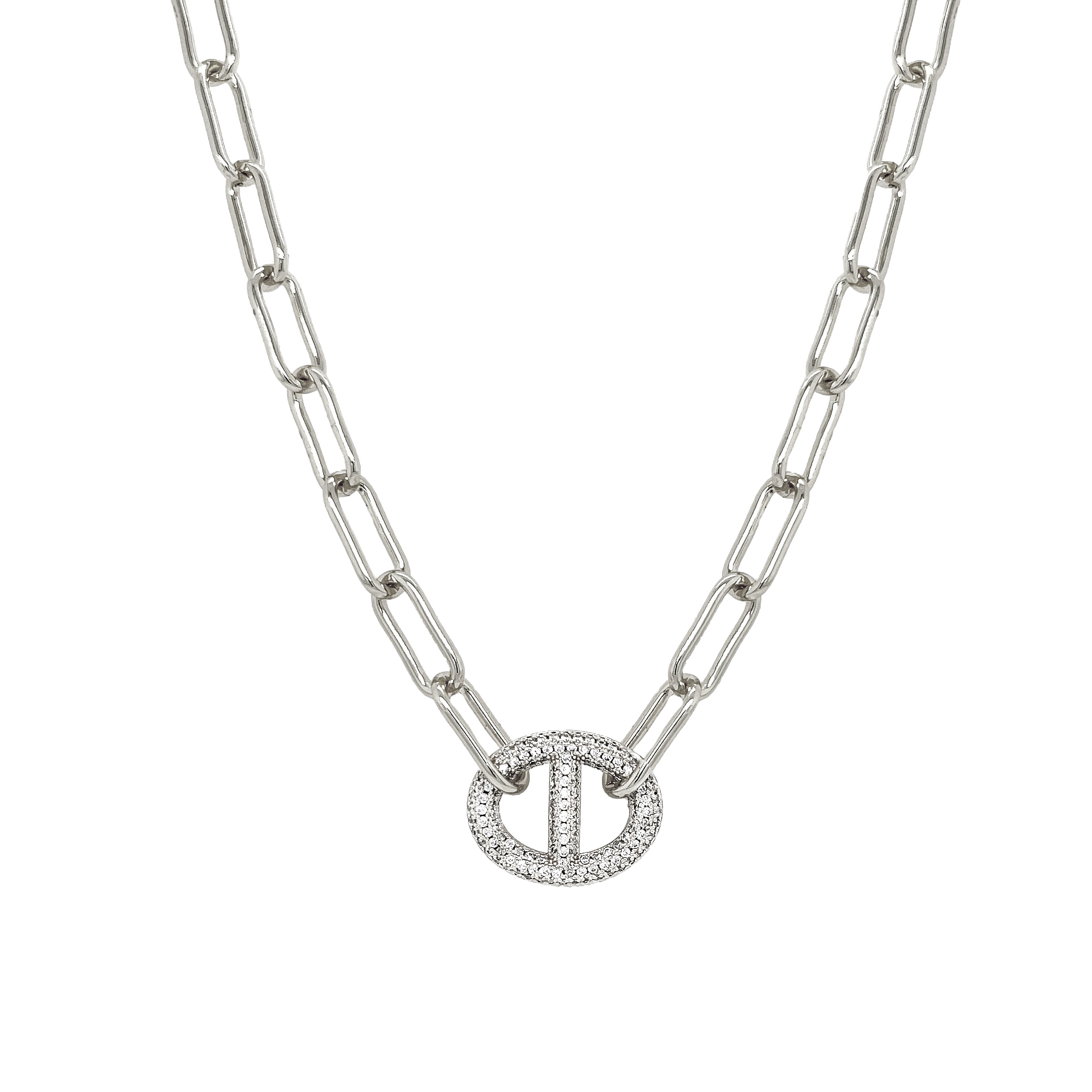 Pave Mariner Link On Paperclip Chain Necklace White Gold Plated CZ Mariner: 0.68" Long X 0.84" Wide Link: 0.27" Wide 18-20.5" Adjustable Length While supplies last. All Deals Of The Day sales are FINAL SALE.