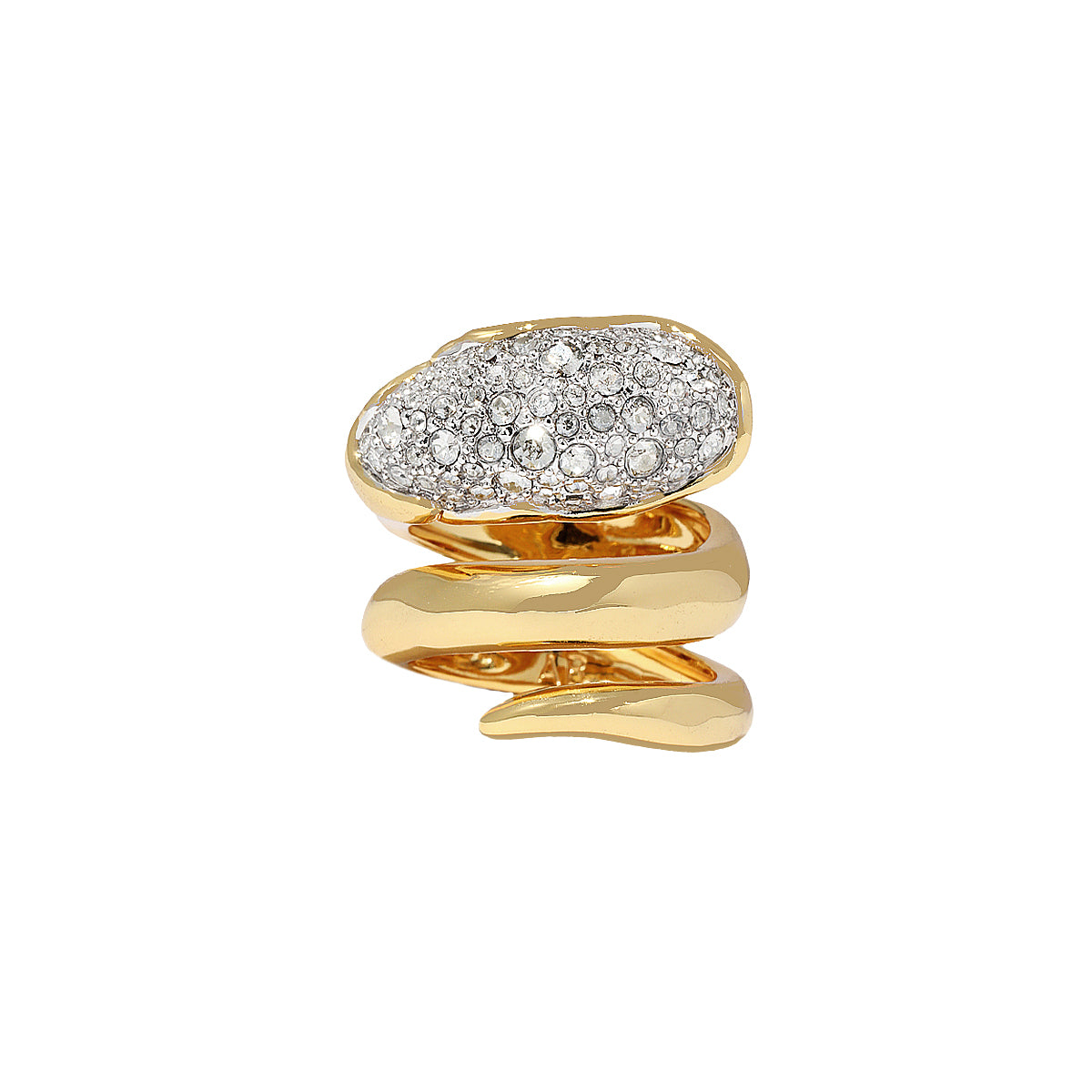 Round Set CZ Abstract Coil Ring
A bold, sculptural ring designed to make a statement. Plated in yellow gold, this fluid wrap silhouette features a domed top set with shimmering cubic zirconia stones for high-impact sparkle. Wear it solo as a standout piece or style it with minimal bands for contrast.
14K Yellow & White Gold Plated
0.83" Long
