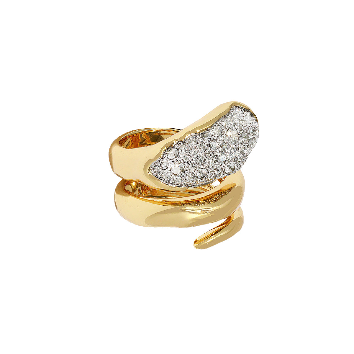 Round Set CZ Abstract Coil Ring
A bold, sculptural ring designed to make a statement. Plated in yellow gold, this fluid wrap silhouette features a domed top set with shimmering cubic zirconia stones for high-impact sparkle. Wear it solo as a standout piece or style it with minimal bands for contrast.
14K Yellow & White Gold Plated
0.83" Long