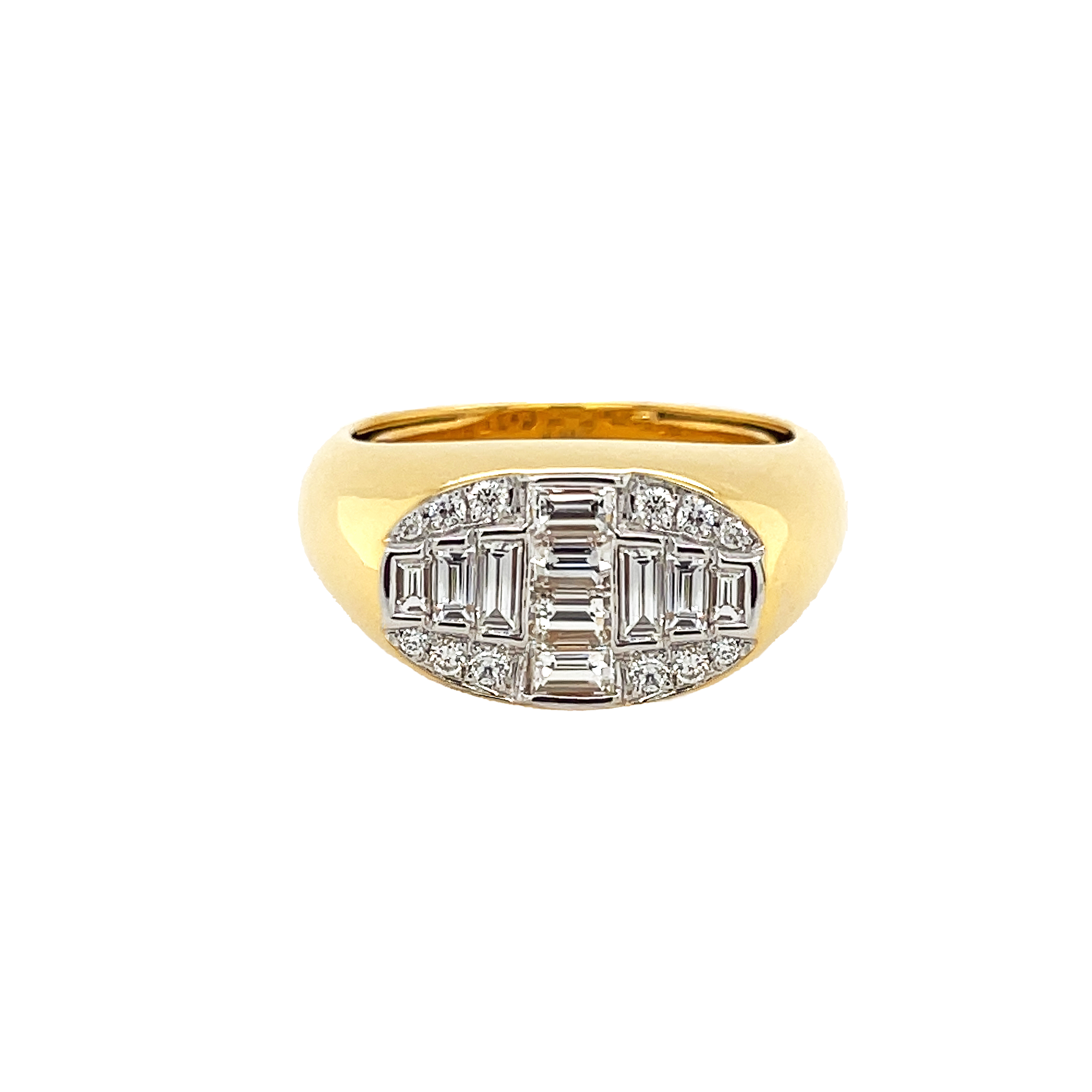 Baguette & Round Diamond Flat Oval Top Ring
14K Yellow Gold
0.93 Diamond Carat Weight
Adjustable Size 6-8