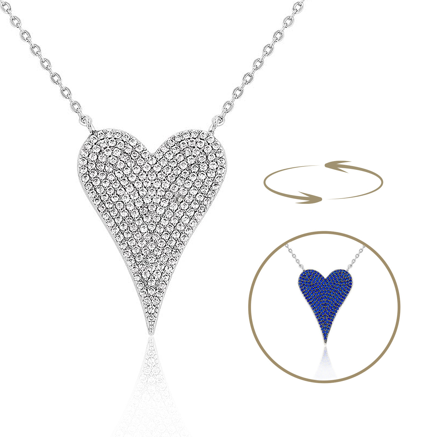 Heart-shaped silver necklace with a blue heart pendant on a white background