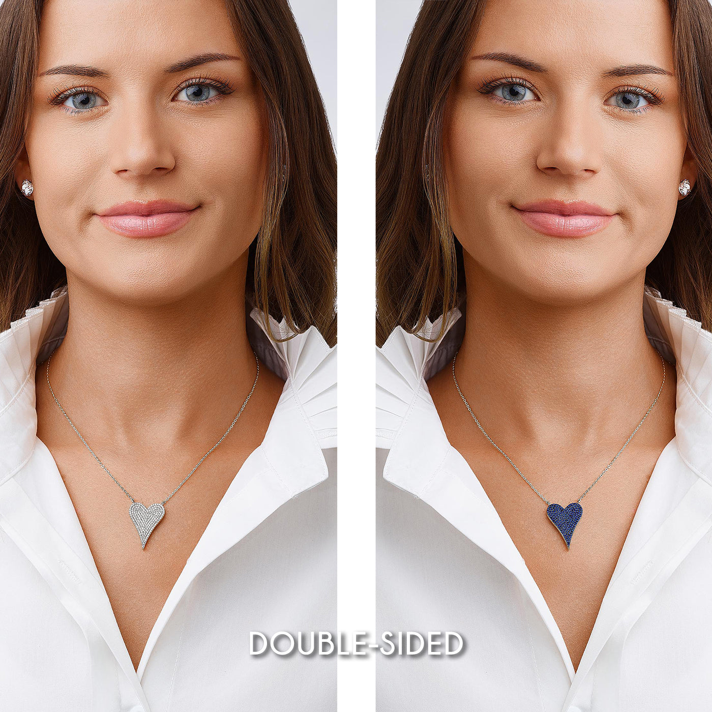 Two views of a woman wearing a heart-shaped necklace showing that it is double sided