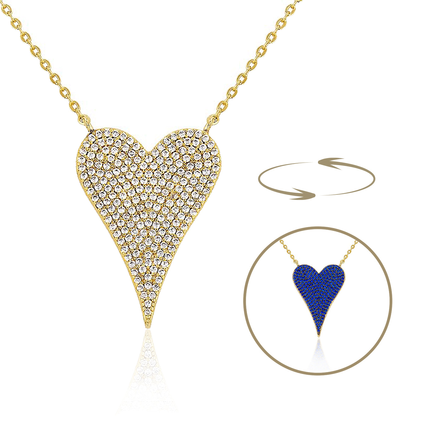 Gold heart-shaped necklace with clear stones on a white background