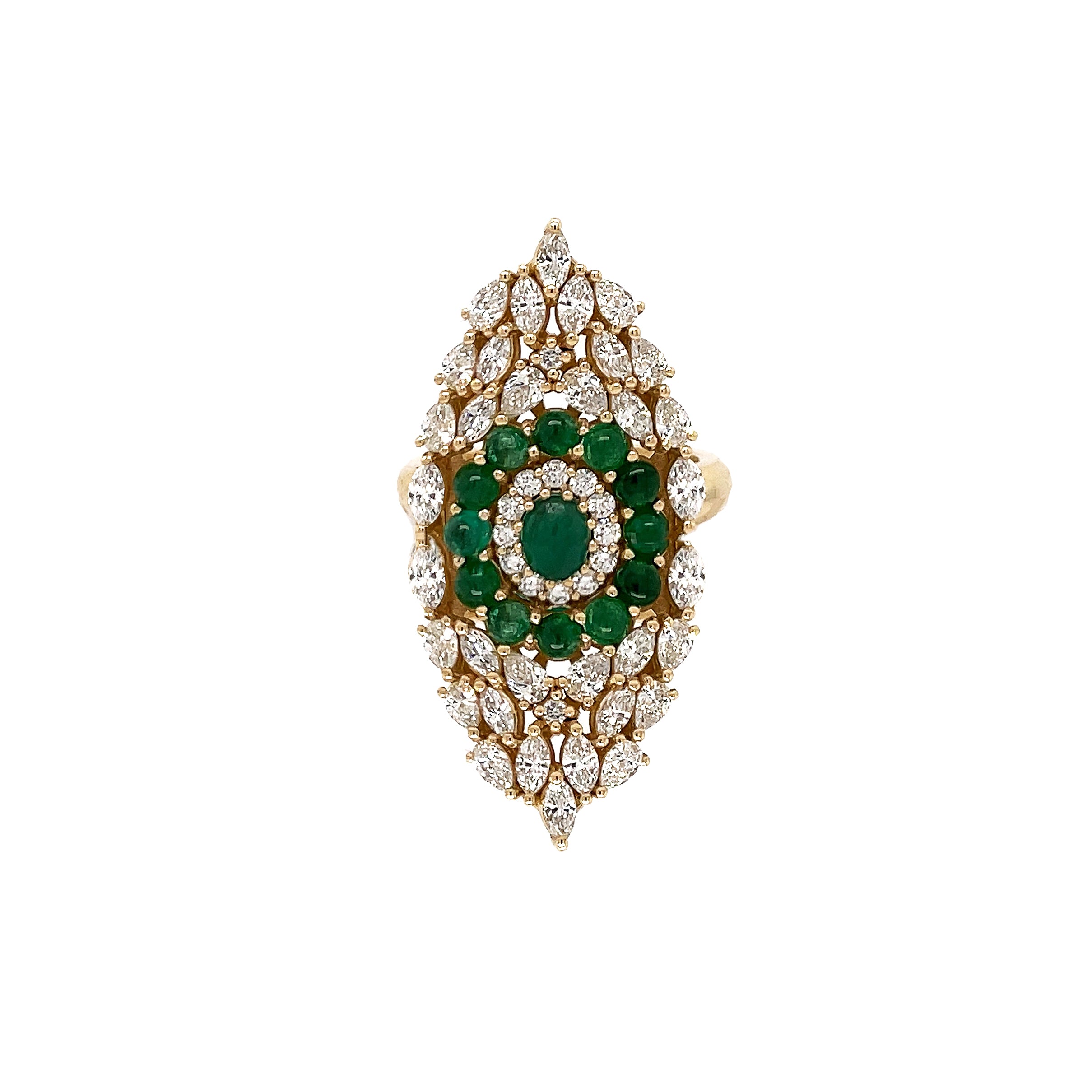 Diamond & Emerald Eye Ring
A bold take on a protective symbol, our Diamond & Emerald Eye Ring features an oval emerald center framed by a halo of round emeralds and mixed-shape diamonds. Marquise, pear, and round diamonds radiate outward in a striking eye-inspired design that catches light from every angle. Plus, the entire eye motif rotates smoothly in both directions adding playful movement and versatile styling options whether you wear it vertically or horizontally.
14K Yellow Gold
1.39" Long X
