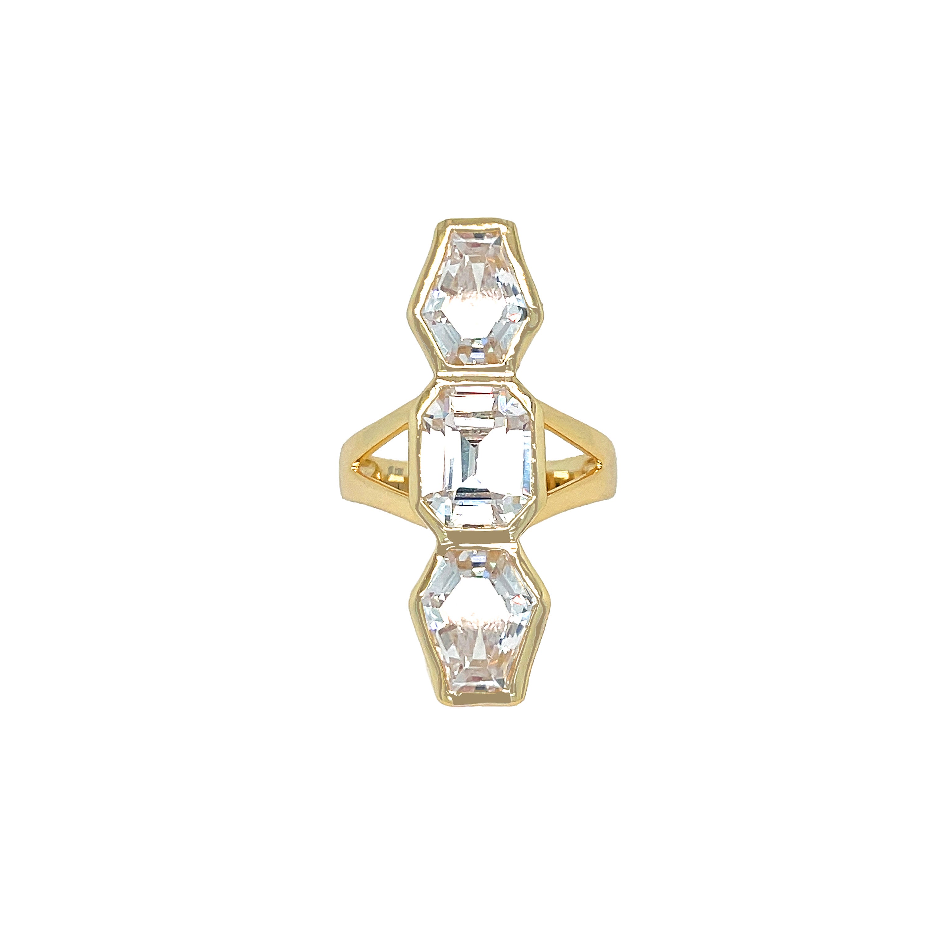 Triple Geo Stone Statement Ring
Add some sparkle to your look with our Triple Stone Ring! This statement ring is on trend and sure to catch attention. Perfect for spicing up any outfit.
Yellow Gold Plated Over Silver
1.27" Long X 0.35" Wide
